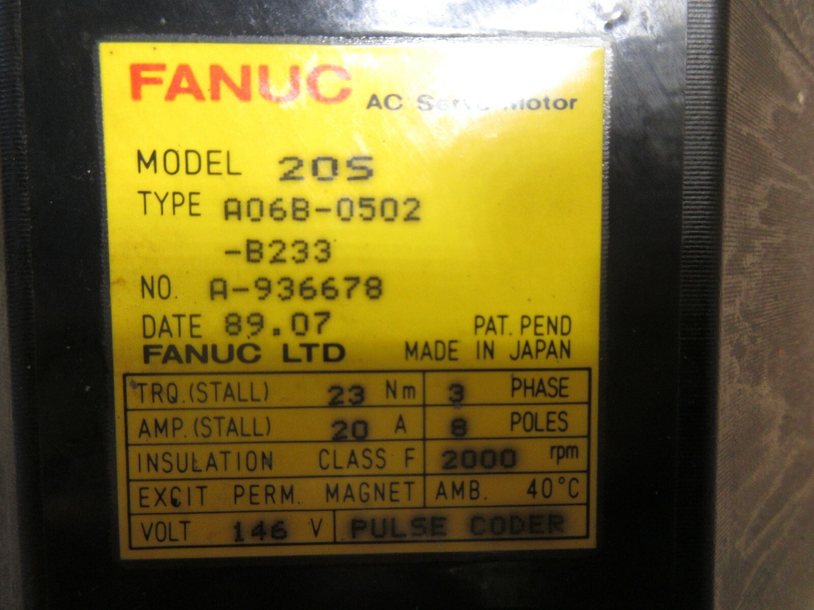 FANUC AC SERVO MOTOR 20S A06B-0502-B233 NO. A-936678 120 DAY WARRANTY