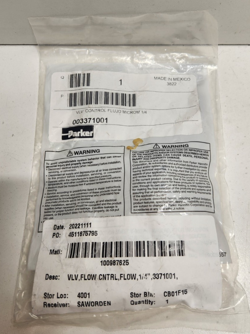 NEW IN BAG! PARKER 1/4″ NPT BRASS FLOW CONTROL VALVE 003371001