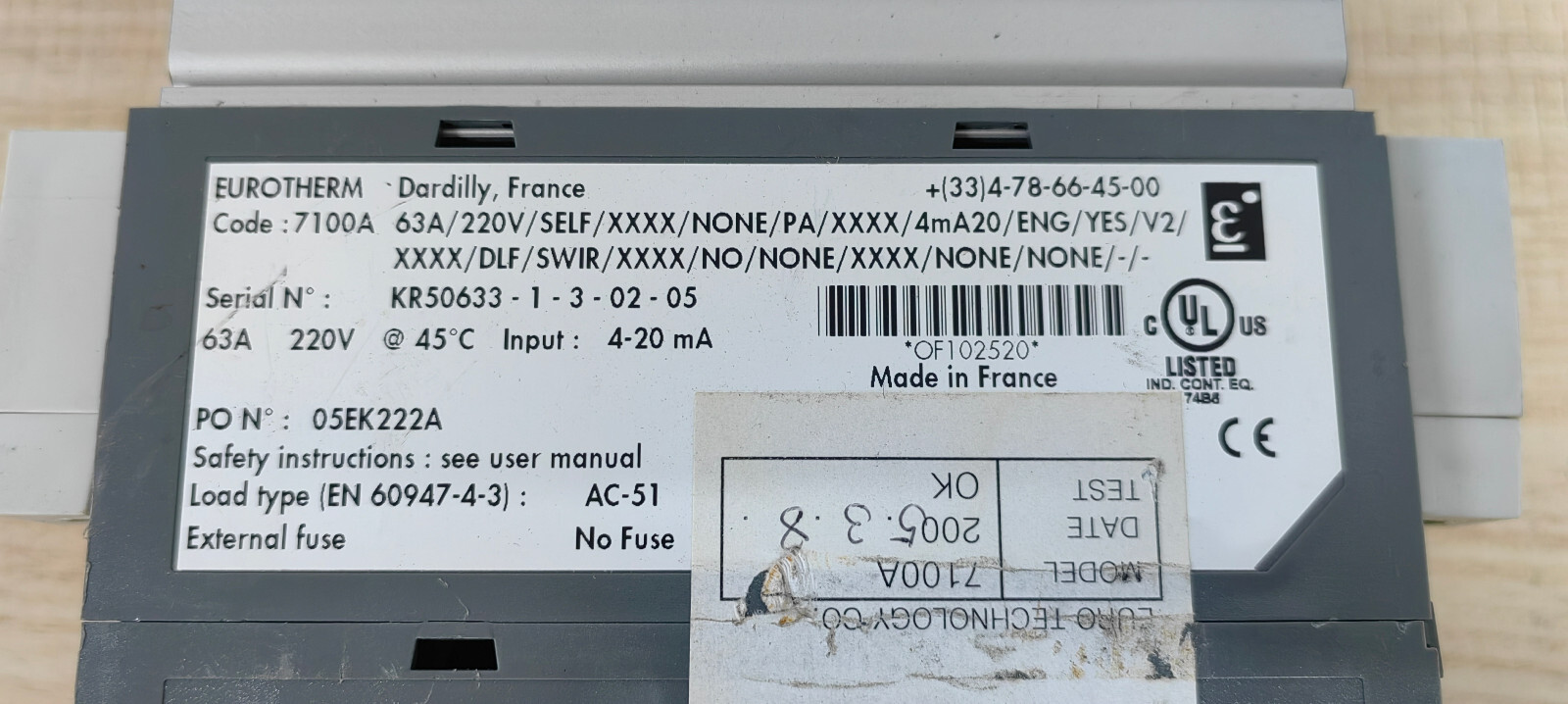 EUROTHERM 7100A 63A/220V/SELF/XXXX/NONE/PA/XXXX/4MA20/ENG/YES/V2/XXXX/DLF/SWIR