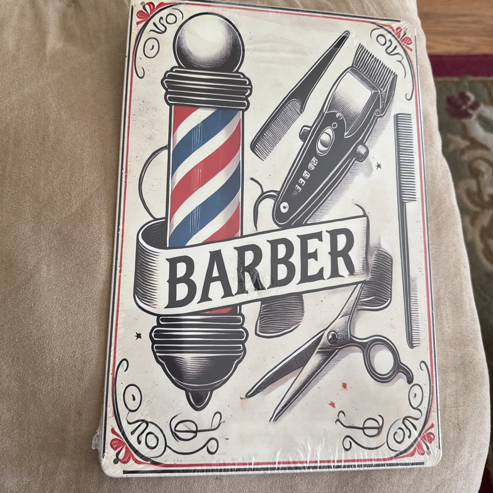 What An Adorable “Barber Shop” Metal Tin Sign In 7.8”x11.8”