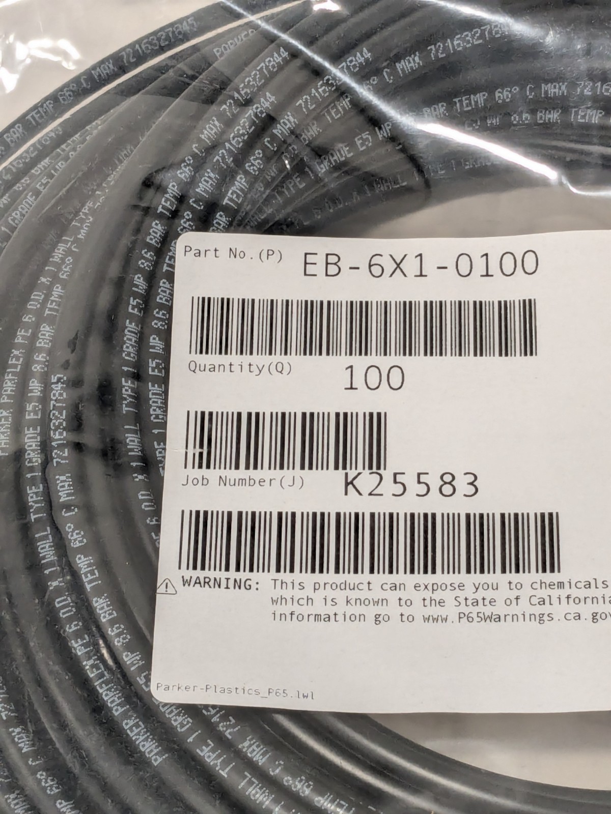 Parker Black Polyethylene Tube: 100′ Long, 4mm I.D. EB-6X1-0100-DUP