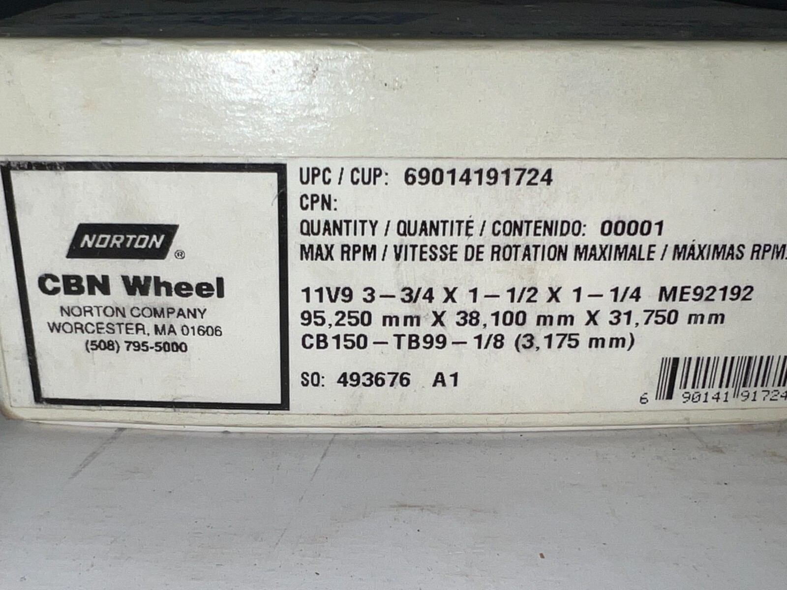 NORTON CNB GRINDING WHEEL 69014191724 3-3/4″ X 1-1/2″ X 1-1/4″ SIZE 150 GRIT