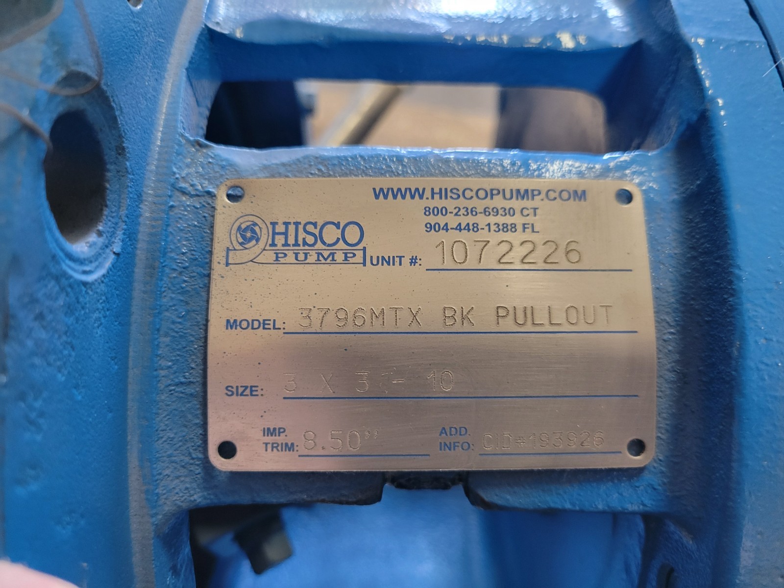NEW OLD STOCK! HISCO 3X3-10 8.50″IMP BK PULLOUT PUMP 3796MTX