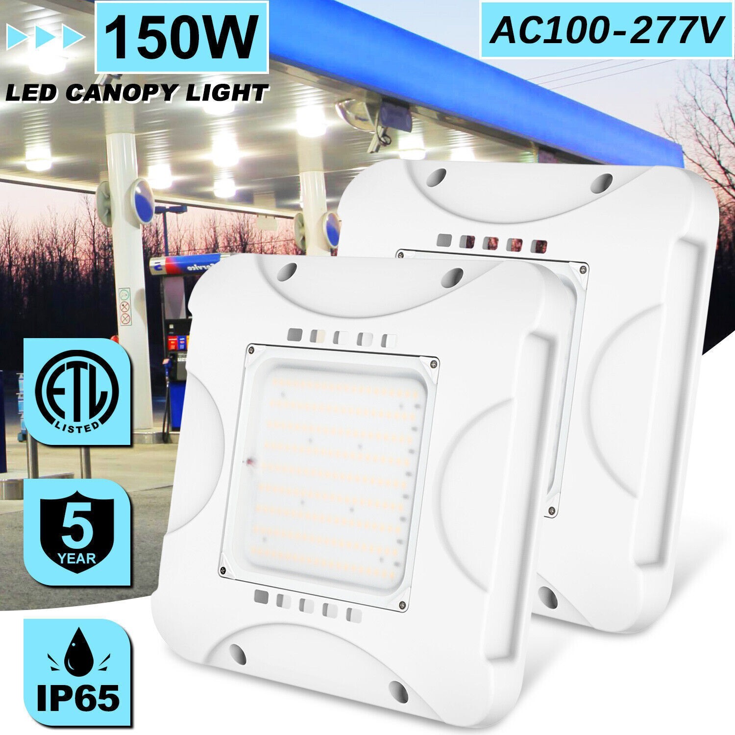 2Pack 150W LED Canopy Light For Gas Station Parking Lot Garage Lighting 21000LM