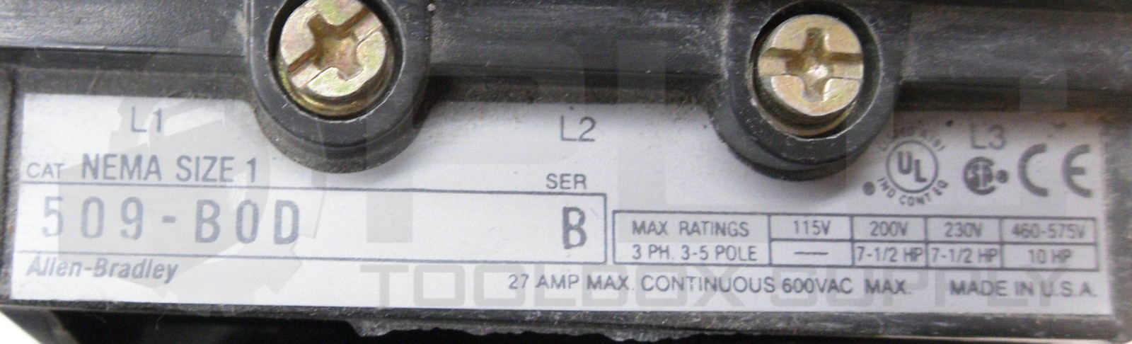 ALLEN BRADLEY 509-B0D /B STARTER W/ CB236 COIL W/ 42185-800-01 W/ 595-A /C