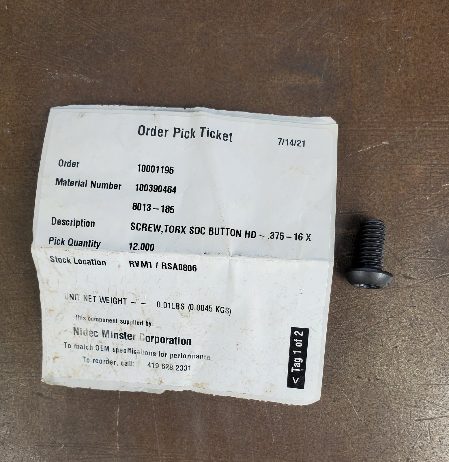 Minster 8013-185 Screw, Torx SOC Button HD .375-16 X -NEW- Unused Surplus