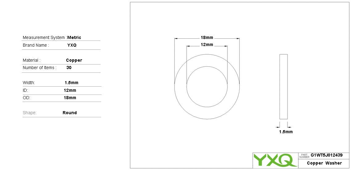 YXQ 12x18x1.5mm Copper Crush Washer Flat Ring Seal Gasket Fitting