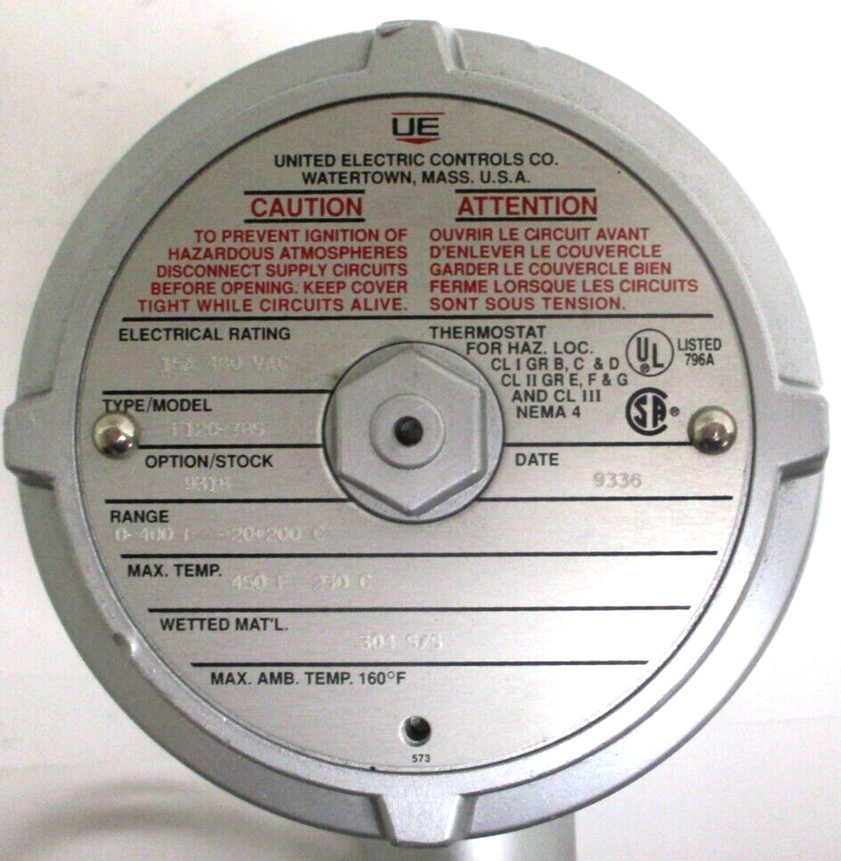 UNITED ELECTRIC CONTROL, B121-120, 15A 480 VAC, RANGE 0-225 F, SURPLUS