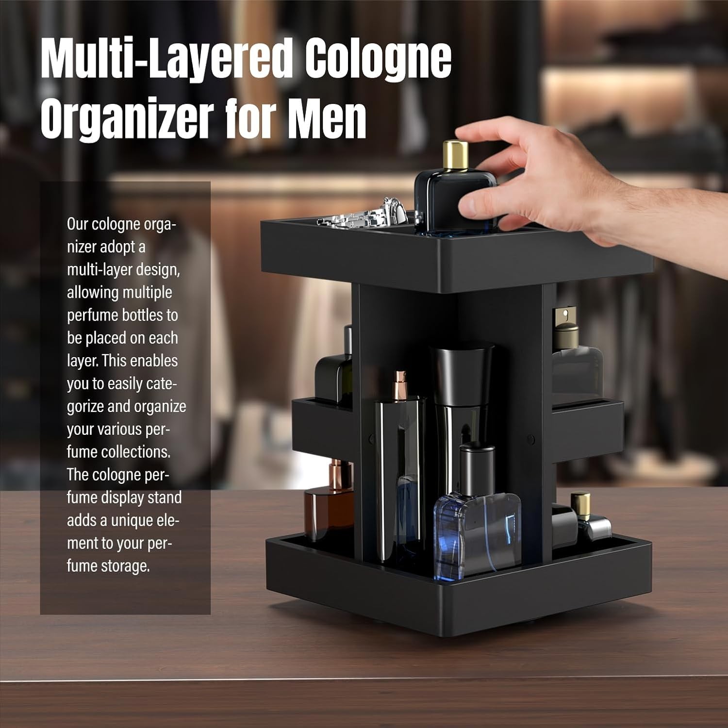 Cologne Organizer for Men,Cologne Stand,3 Tier Wooden Perfume Shelf with Rota…