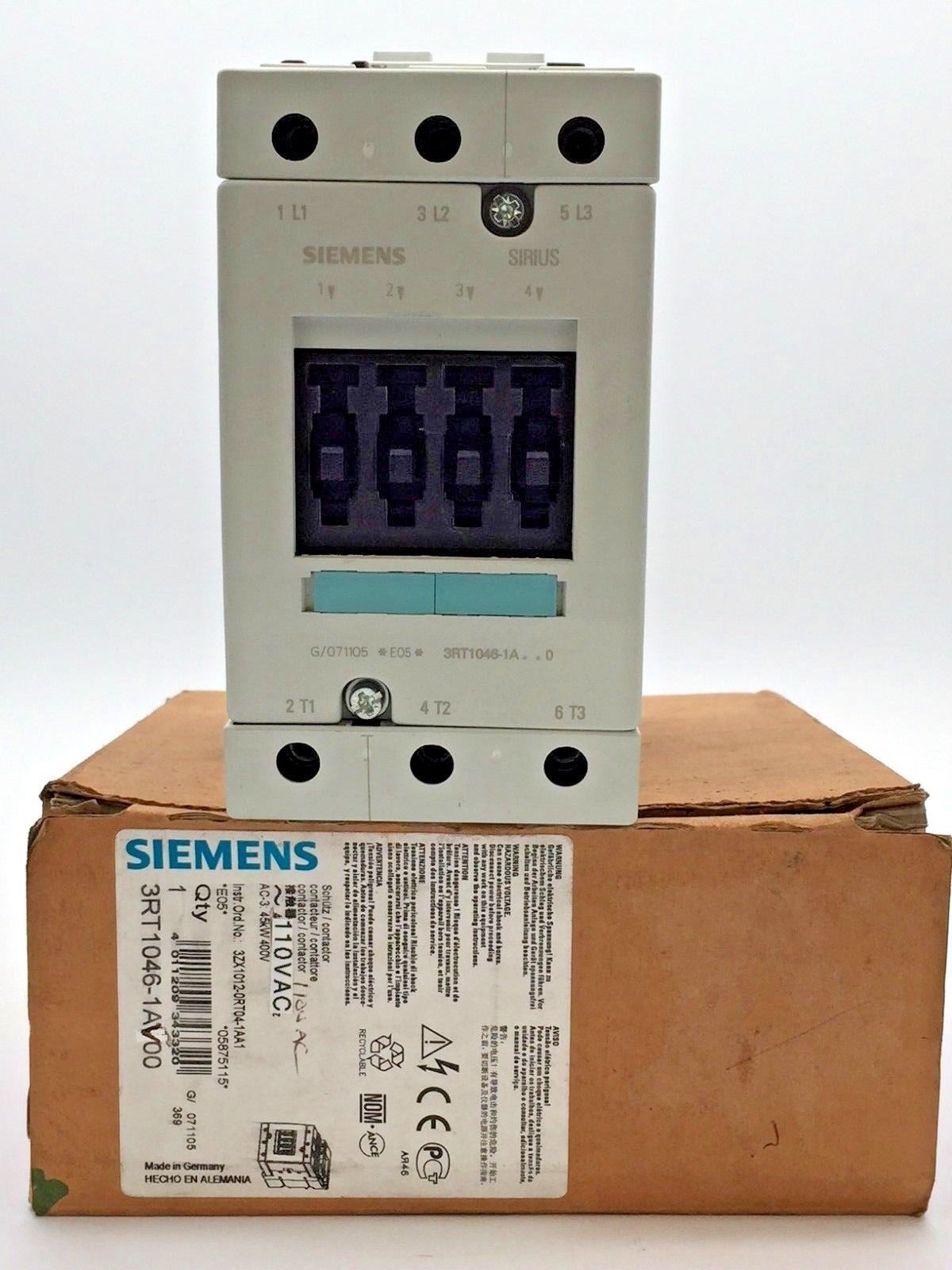Siemens Sirius 3RT1046-1AV00 Contactor 110V 3P 3 Pole AC-3 400V 45kW 95A 95 Amp