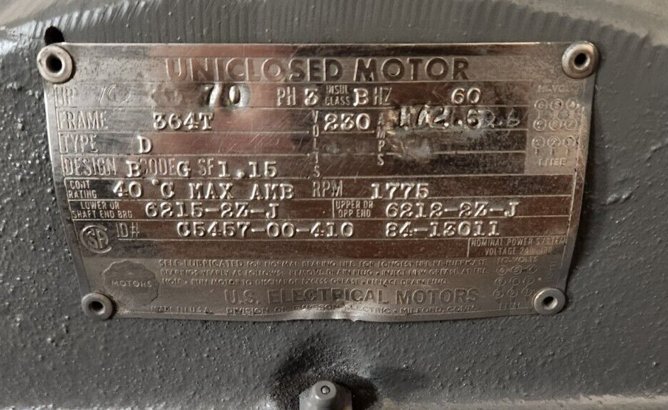 REBUILT U.S. ELECTRICAL 70HP 230/460V 3PH 1775RPM 364T C5457-00-410 84-13011