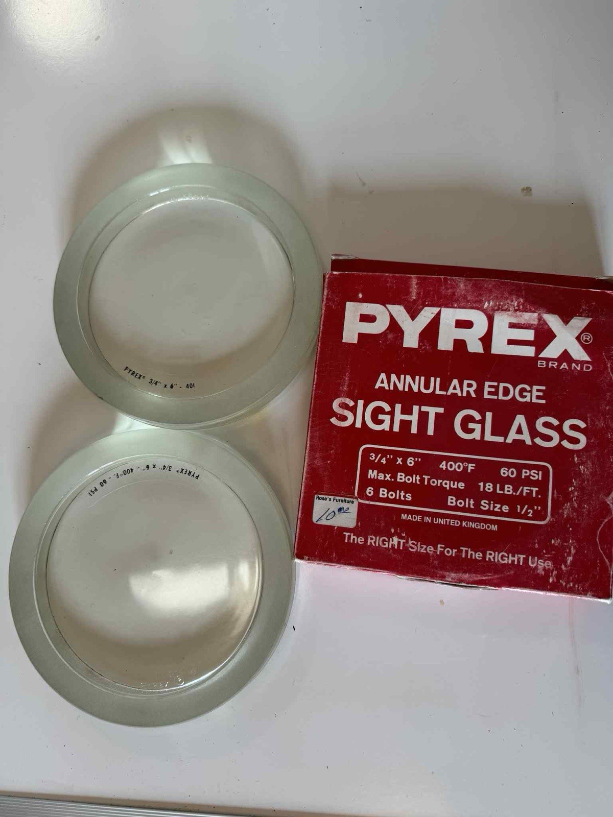 PYREX Annular Edge Sight Glass 3/4” x 6” Corning 400°F 60 PSI (Set of 2)