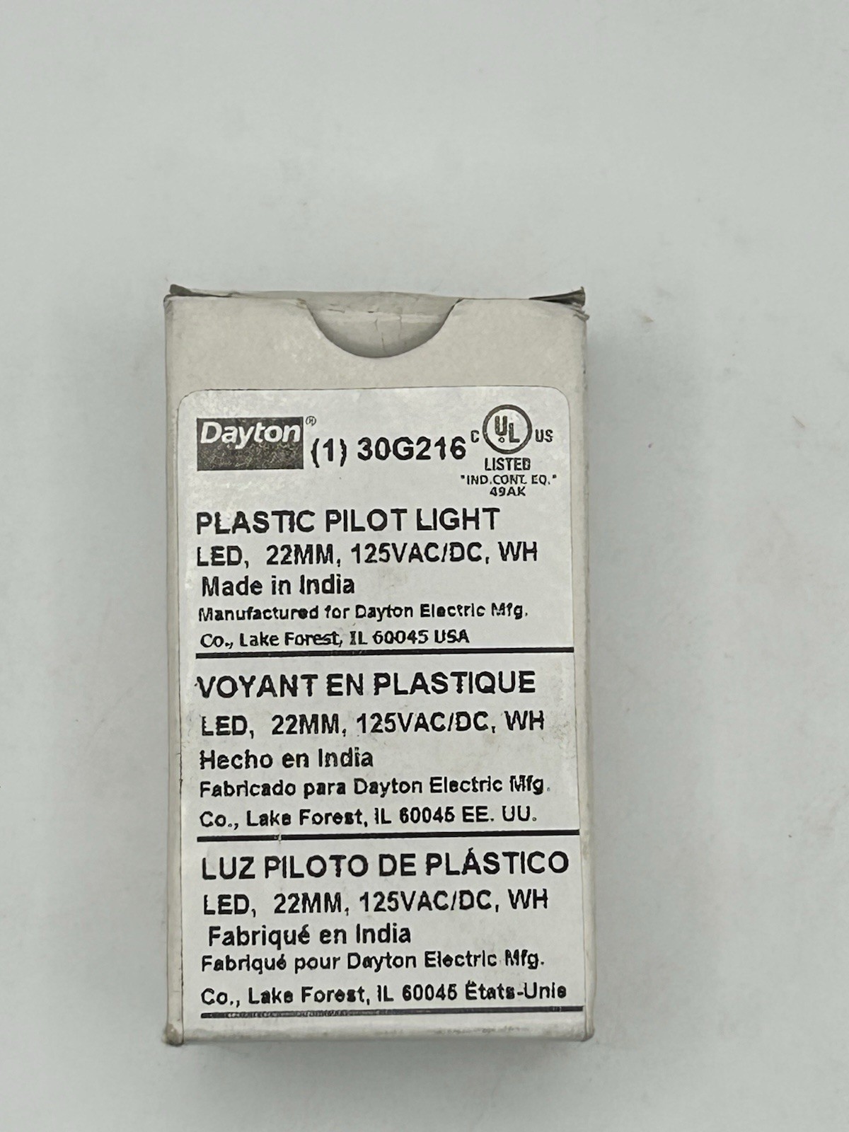 Dayton 30G216 Pilot Light, 22Mm, Led, White