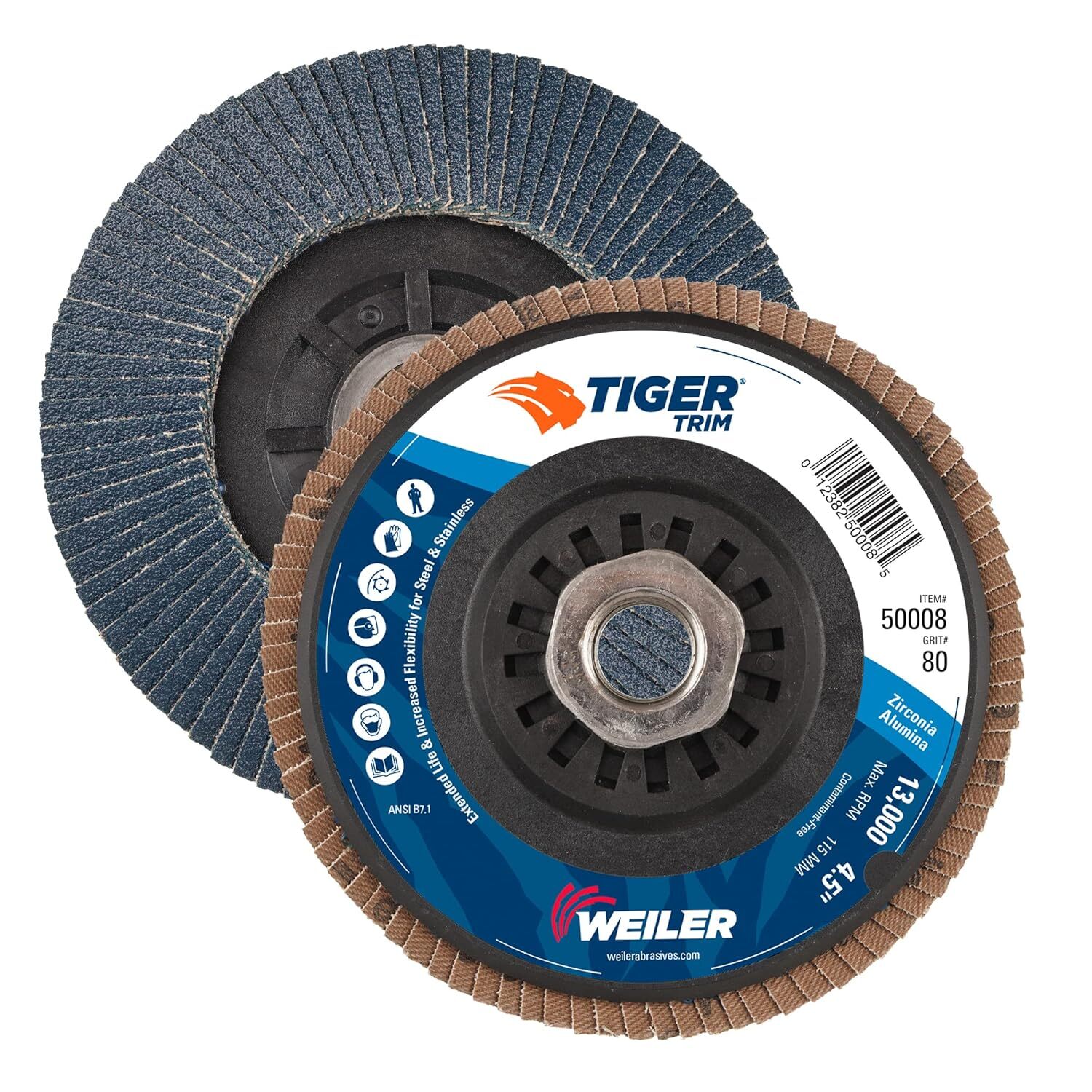 Tiger 5/8-11 Arbor 4.5 80 Grit Zirconium Flap Disc – Trimmable Composite