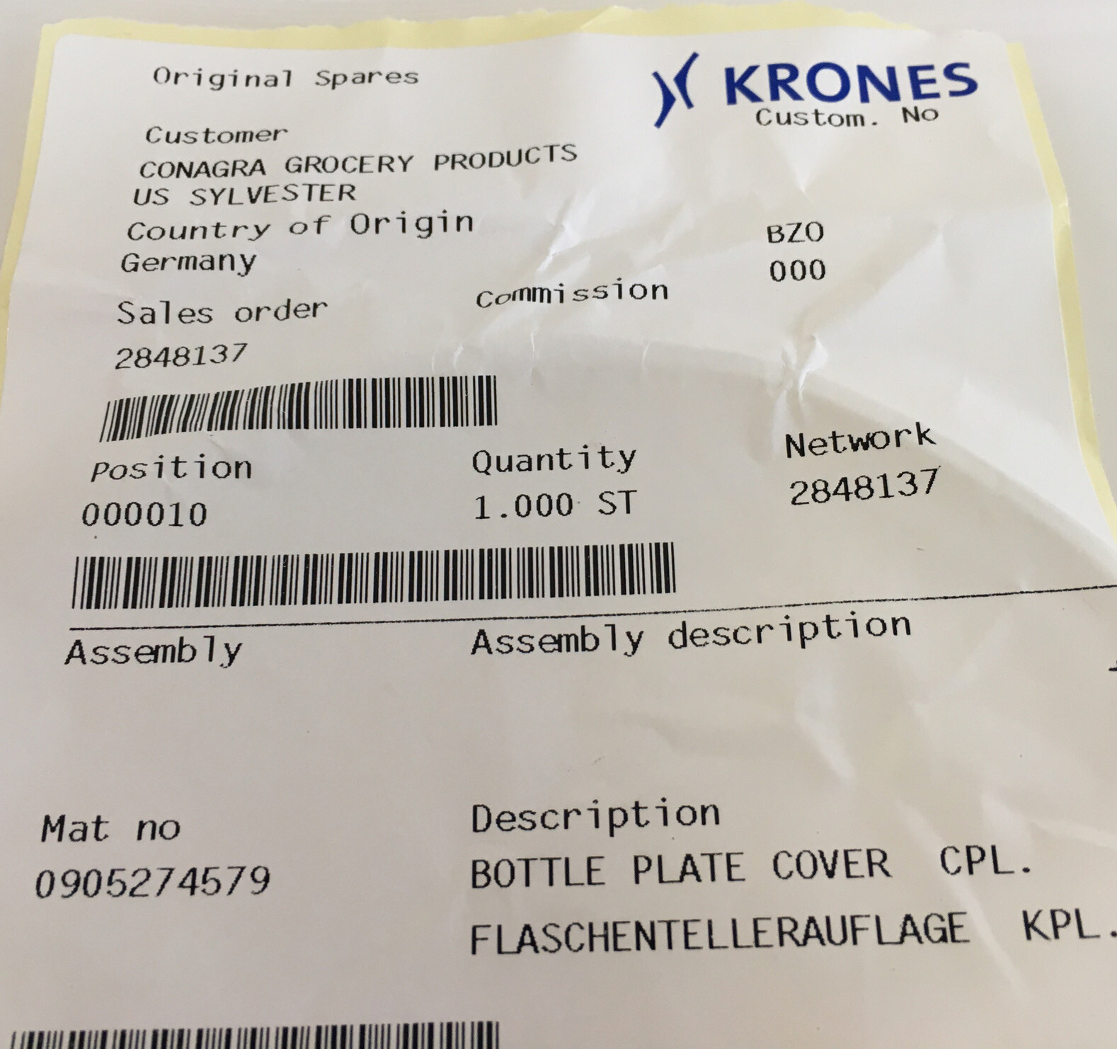 KRONES 0-905-27-457-9 Bottle Plate Cover + *Warranty*