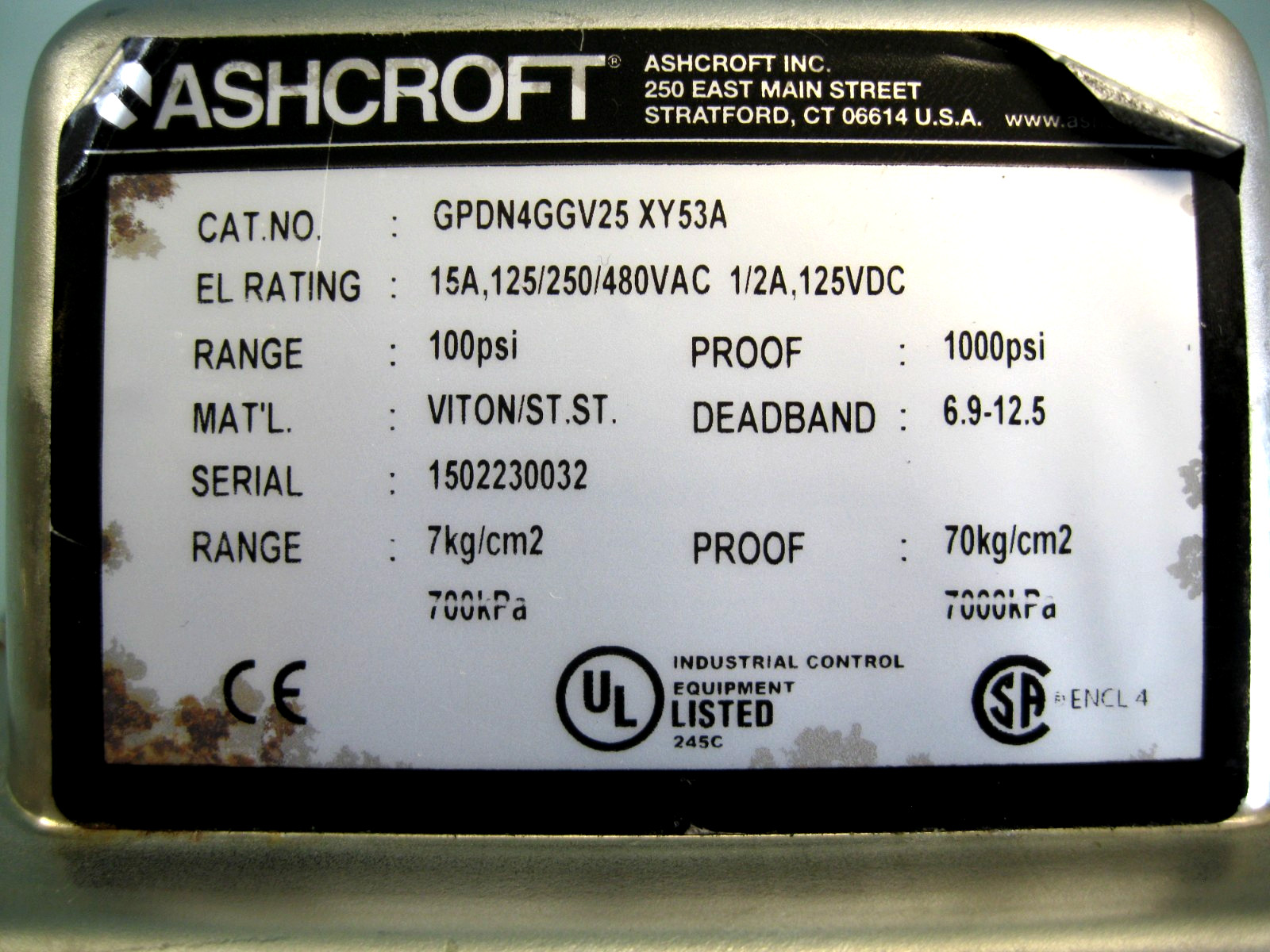 1-1/2″ Tri-Clamp Ashcroft GPDN4GGV25XY53A Pressure Switch 100 PSI G7