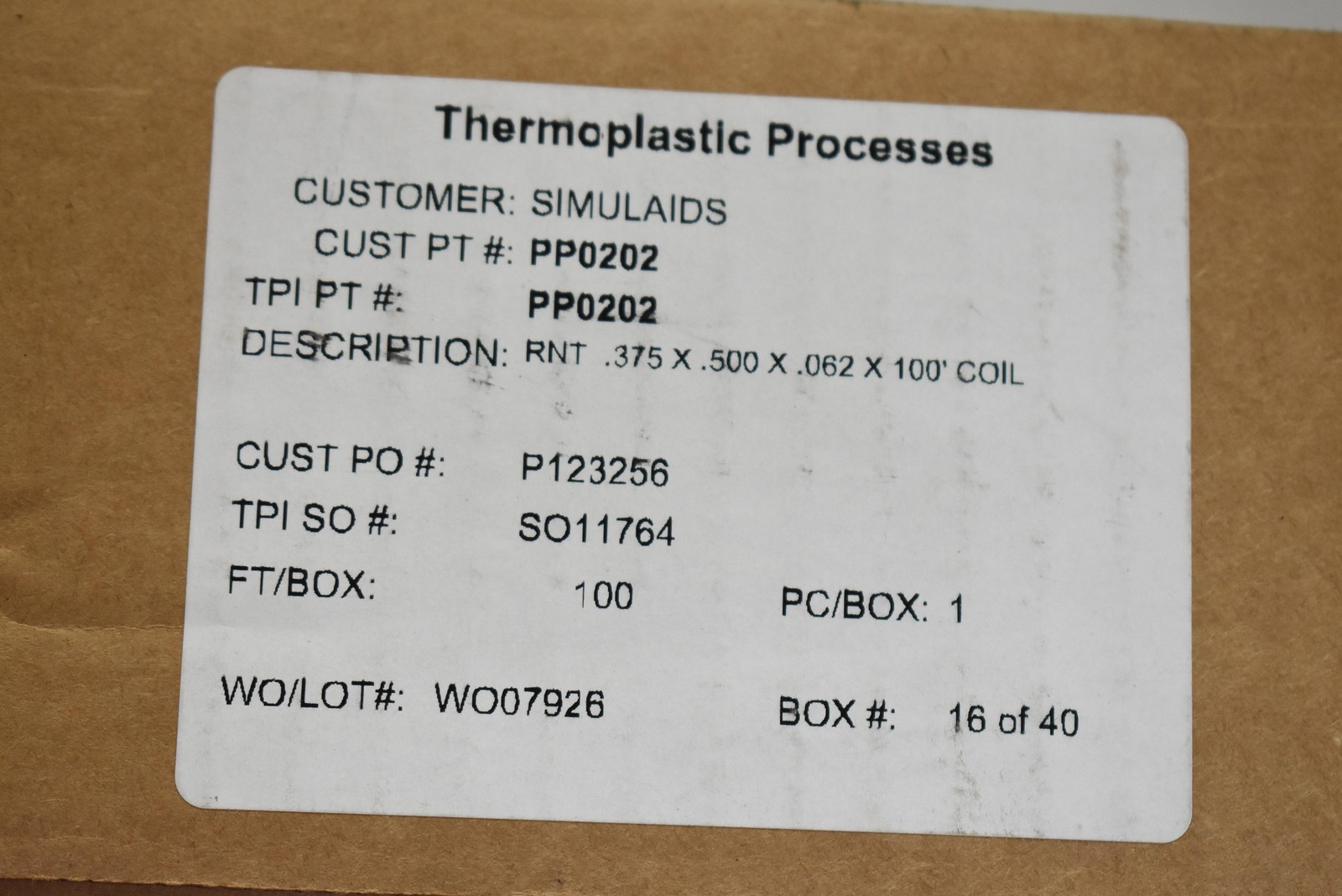 Thermoplastic Processes PP0202 RNT Coil .375 X .500 X .062 100ft Simulaids
