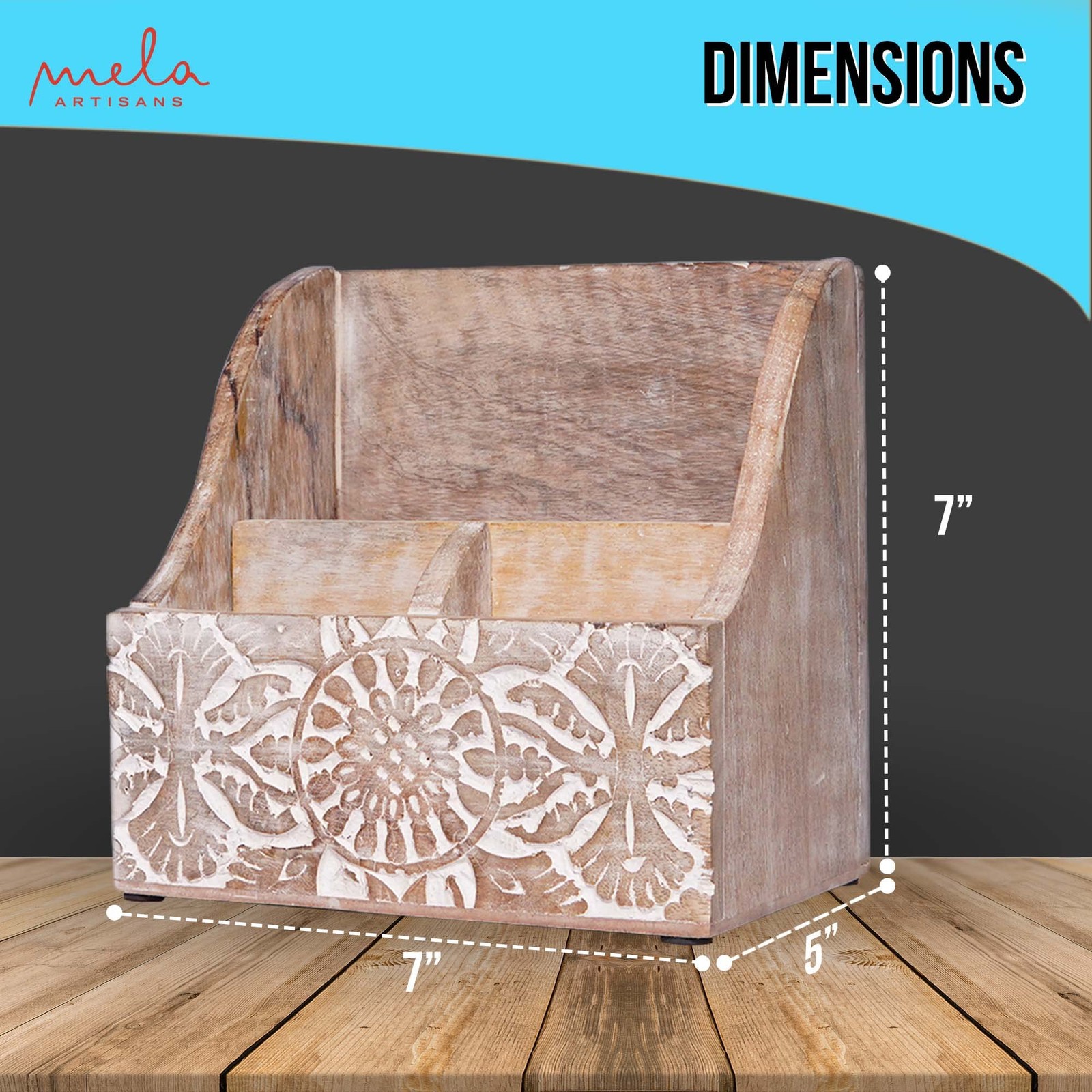 Mela Artisans Natural Wood Letter Holder 3 Compartments, Ajenta Whitewashed