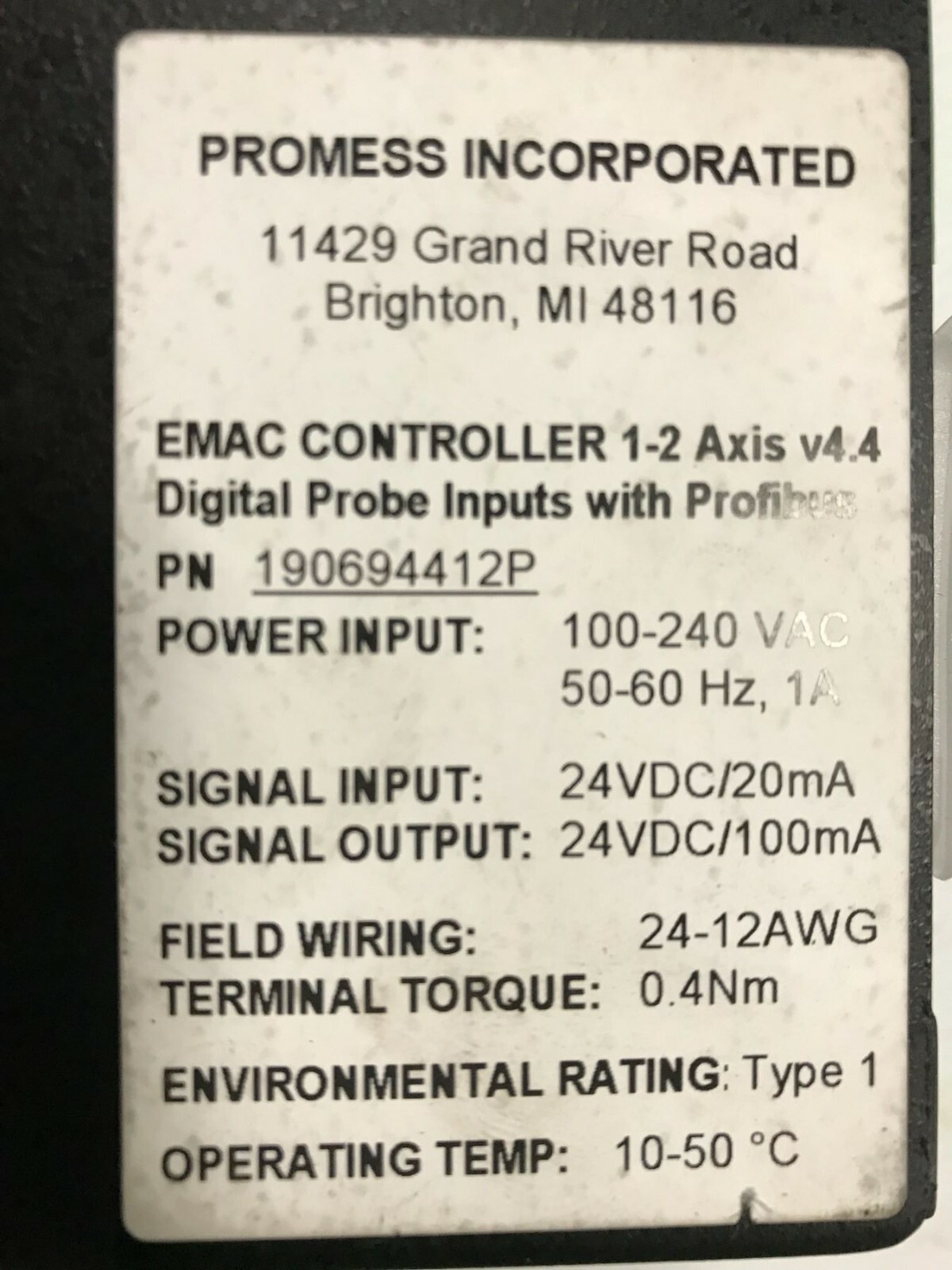 Promess 190694412P EMAC 1-2 Axis v4.4 Digital Probe Inputs with Profibus