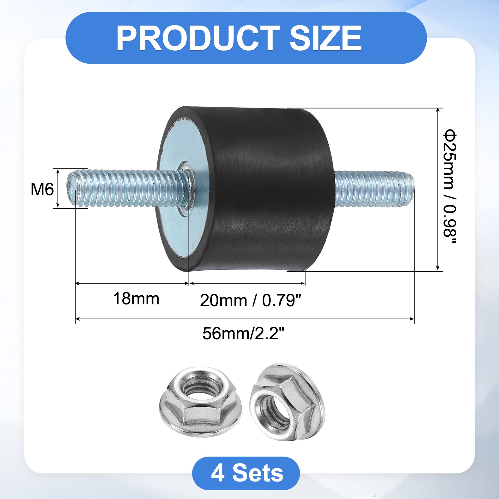4Pcs M6 x 18mm Rubber Mounts 20 x 25mm Rubber Vibration Isolator with Nuts