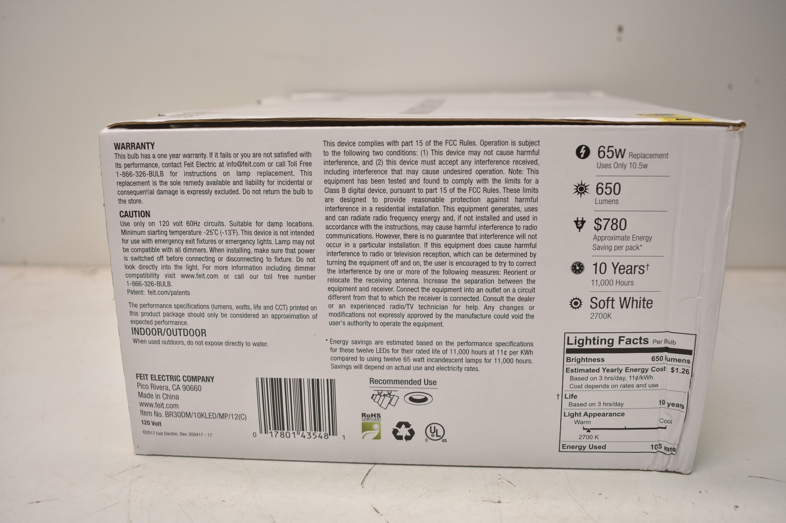 Feit Electric 65W Equivalent Soft White BR30 Dimmable LED BR30DM/10KLED/MP/12
