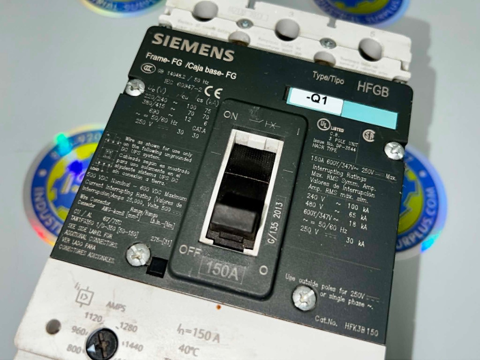 Siemens Sentron VL HFK3B150 150A 3-Pole 480V Circuit Breaker Used Line Lugs Only