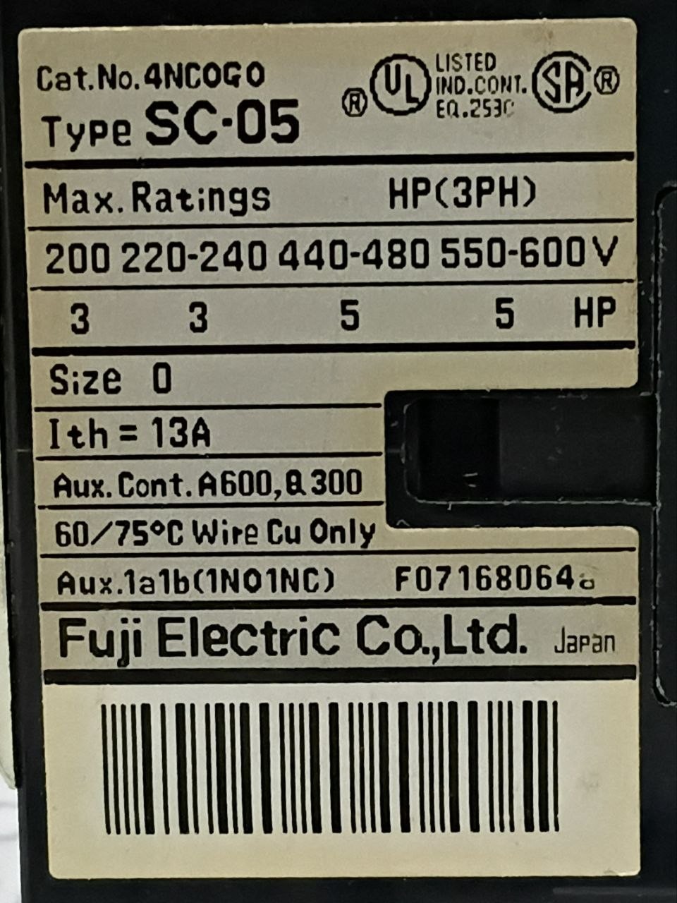 Fuji Electric SC-05 Contactor Coil Voltage 100V 50Hz 100-110V 60Hz