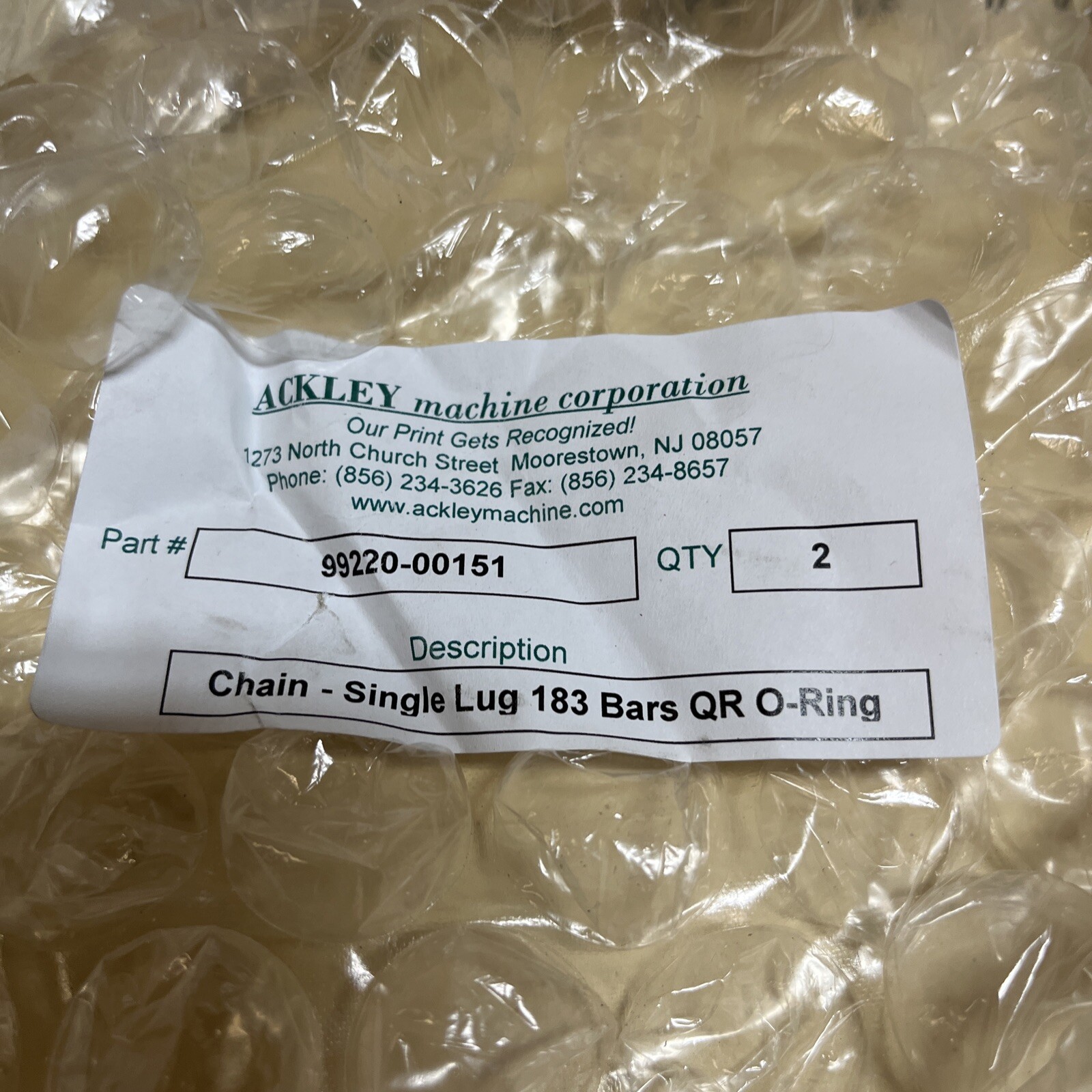 New Qty 2 Ackley Machine HKK40 Chain Single Lug 183 Bars QR O-ring 99220-00151
