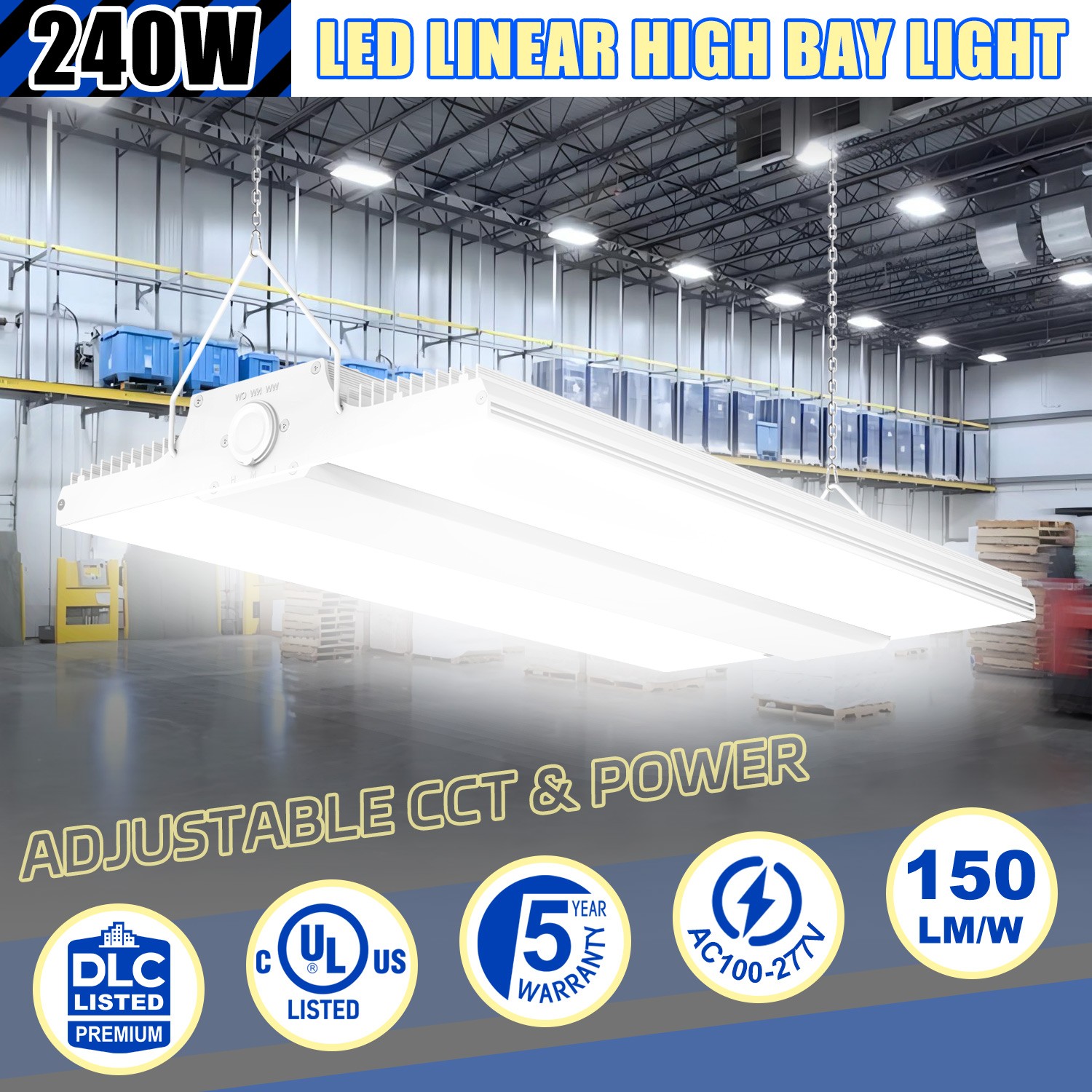 240W/200W/150W Linear LED High Bay Light 1.63FT Warehouse Shop Light 4.5/5/5.7K