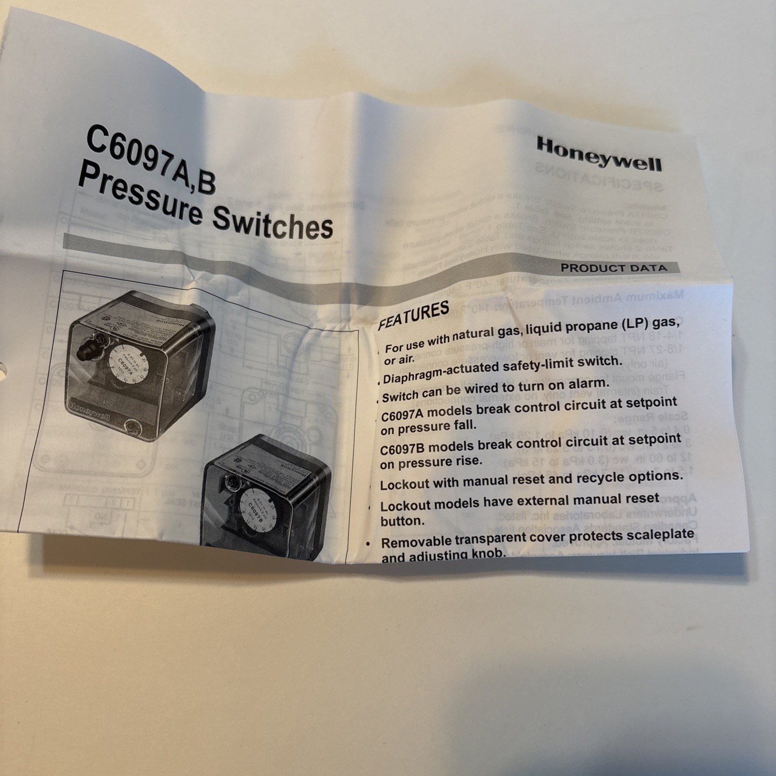 HONEYWELL C6097A1103 Has Pressure Switch 120-240VAC 5.0A 1.5-7PSI New In Box