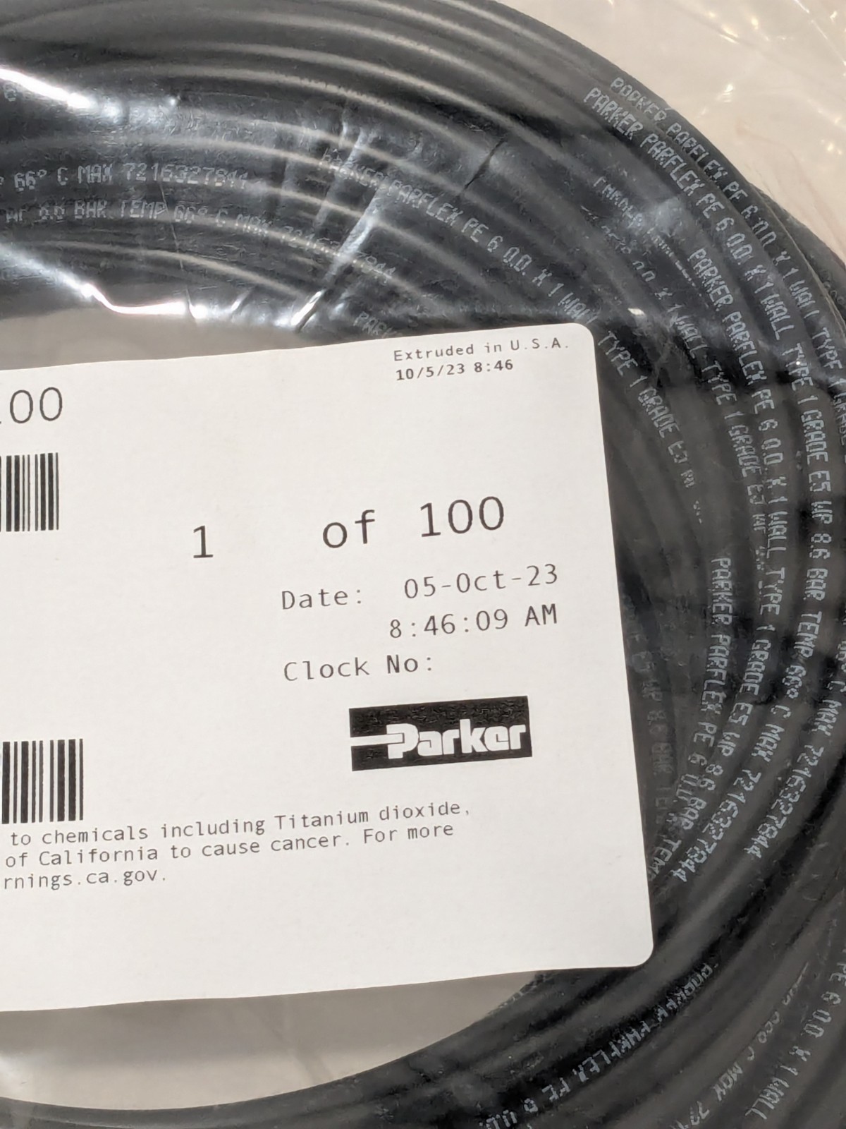 Parker Black Polyethylene Tube: 100′ Long, 4mm I.D. EB-6X1-0100-DUP