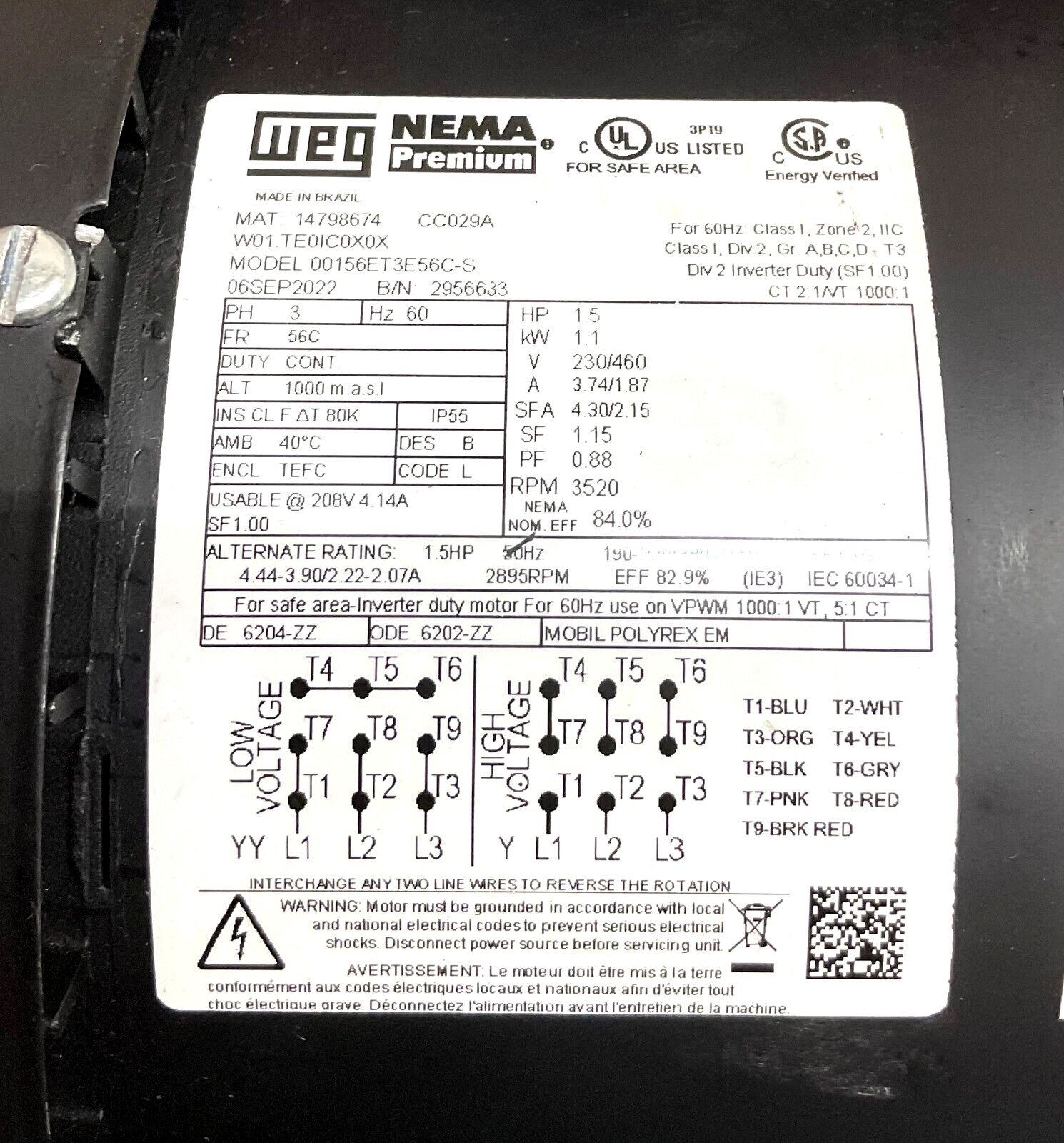 WEG 00156ET3E56C-S 230/460V 3.74/1.87