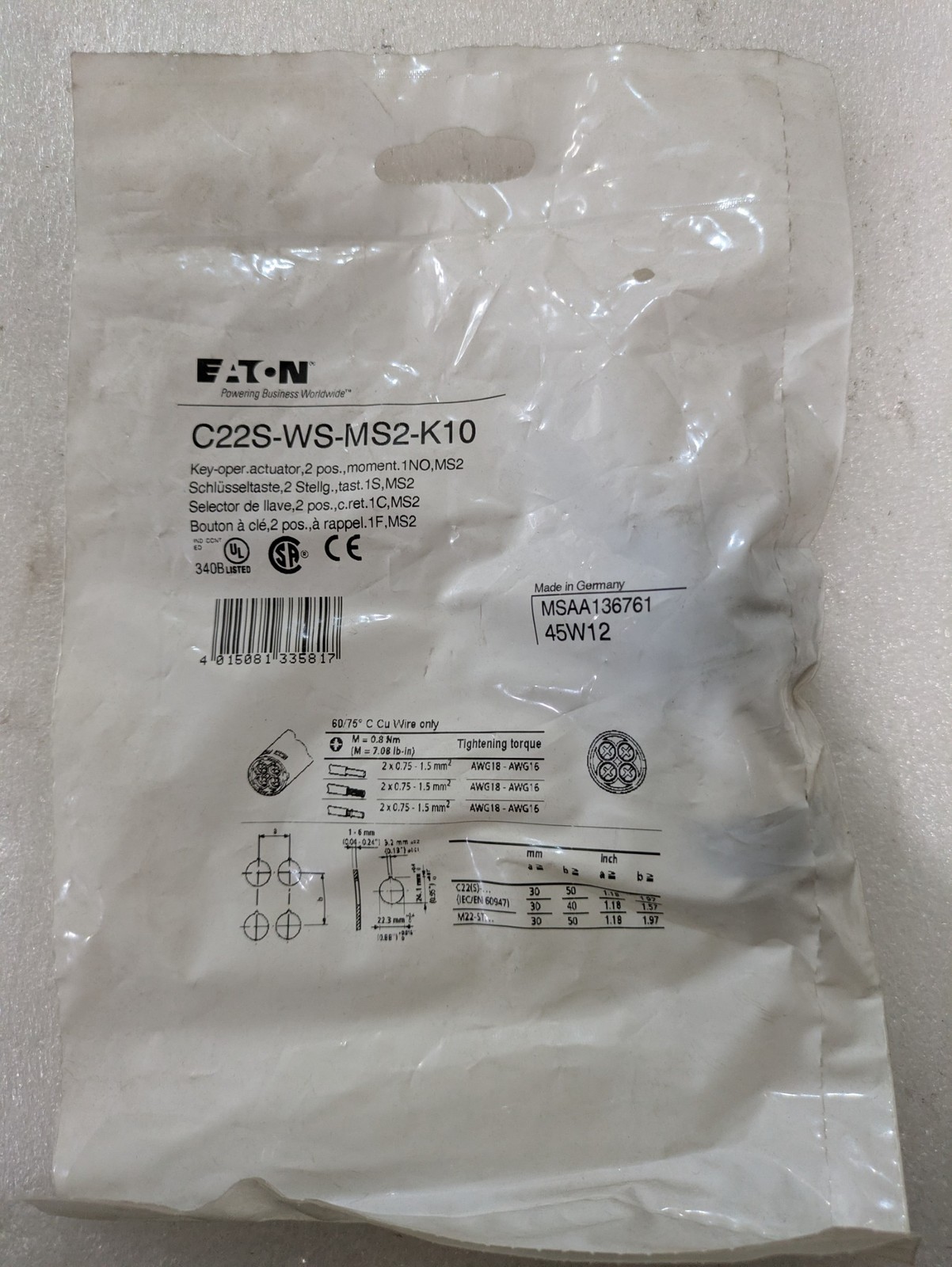 Eaton C22S-WS-MS2-K10 Key-Operated SWITCH Industrial Component Electrical