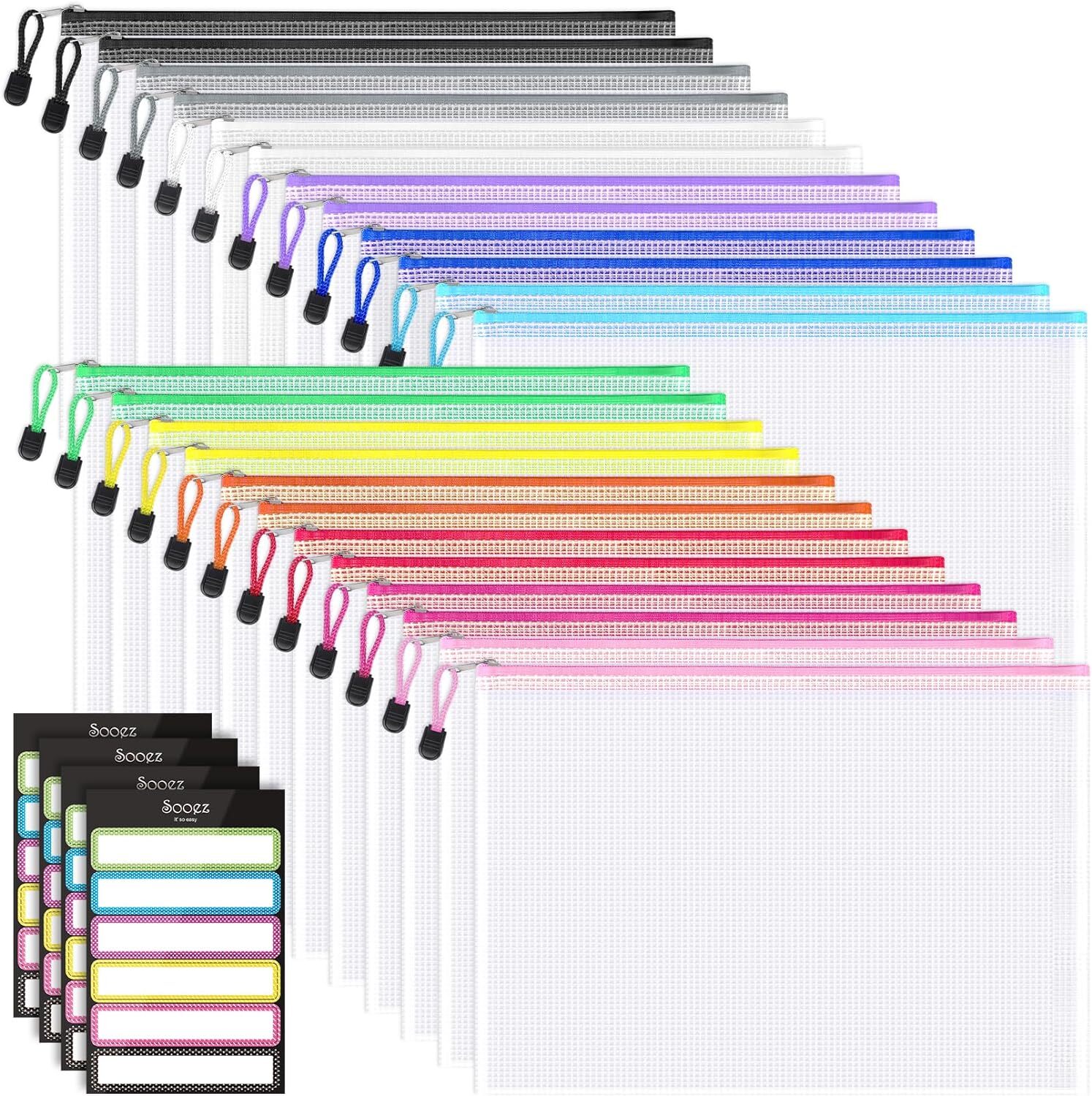 Sooez 24 Pack Mesh Zipper Pouch with Sticky Labels, A4 Size 12 Colors