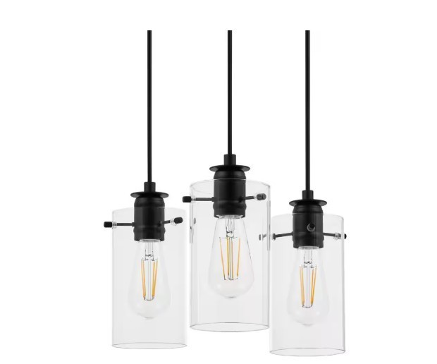 H B Regan 3-Light Matte Black Pendant Hanging Light with Clear Glass Shades