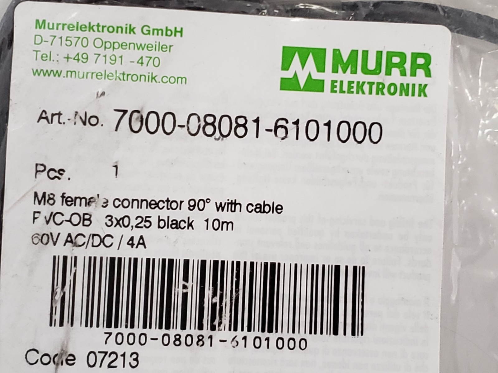 MURR ELEKTRONIK 7000-08081-6101000 CABLE M8 60V AC/DC FEMALE CONNECTOR 90° NIB