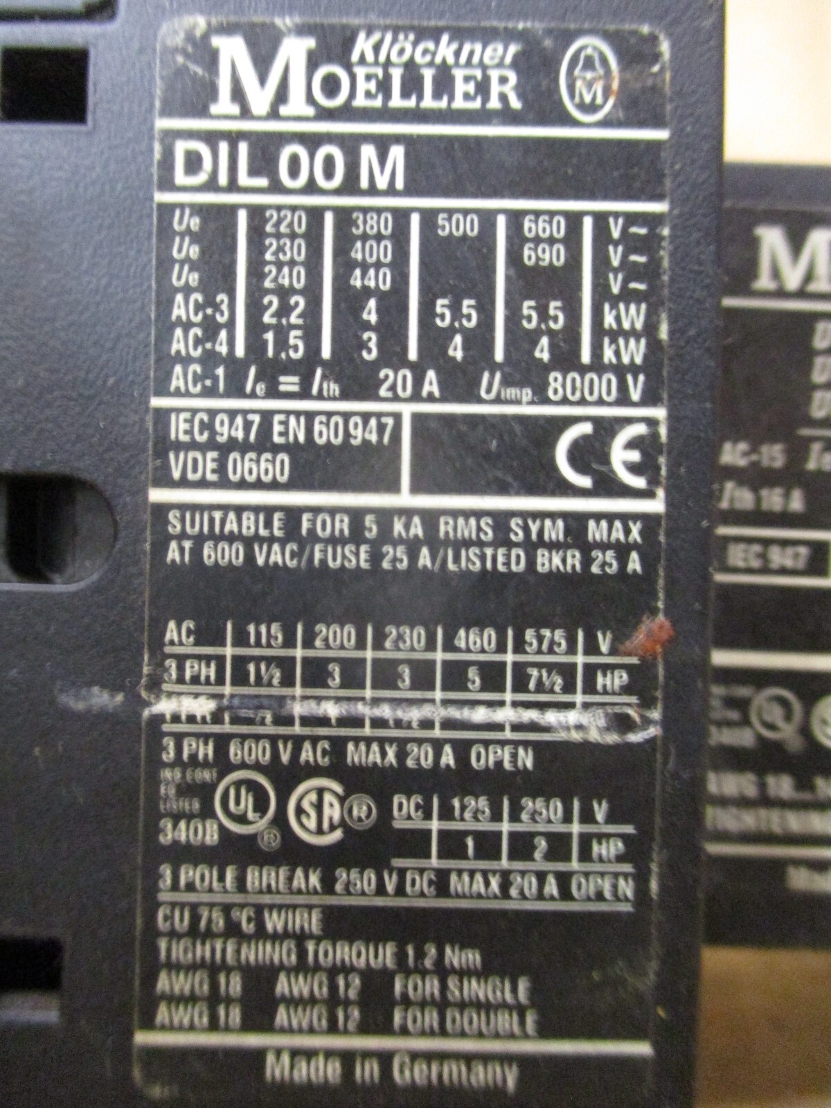 Moeller DIL 00M 11 DIL M Contactor 50060HM