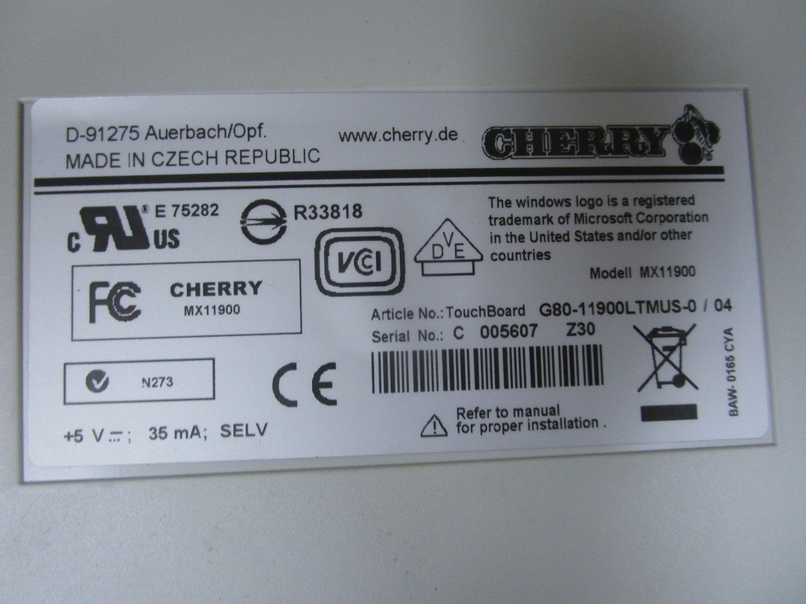 Cherry G80-11900LTMUS-0/04 G8011900 Touchboard Grey