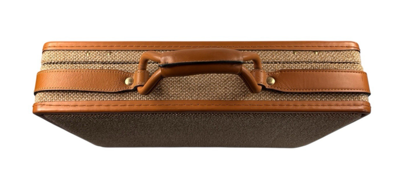 VINTAGE Jute Attaché Burlap Briefcase with Keys Leather Trim Brass Hardware