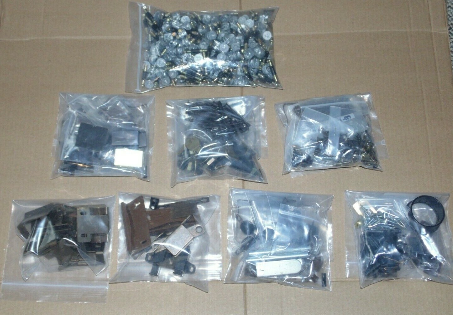 ASSORTED LOT OF BUSH CABINET HARDWARE, HINGES, BOLTS, TITUS FASTENER, CLOSURES