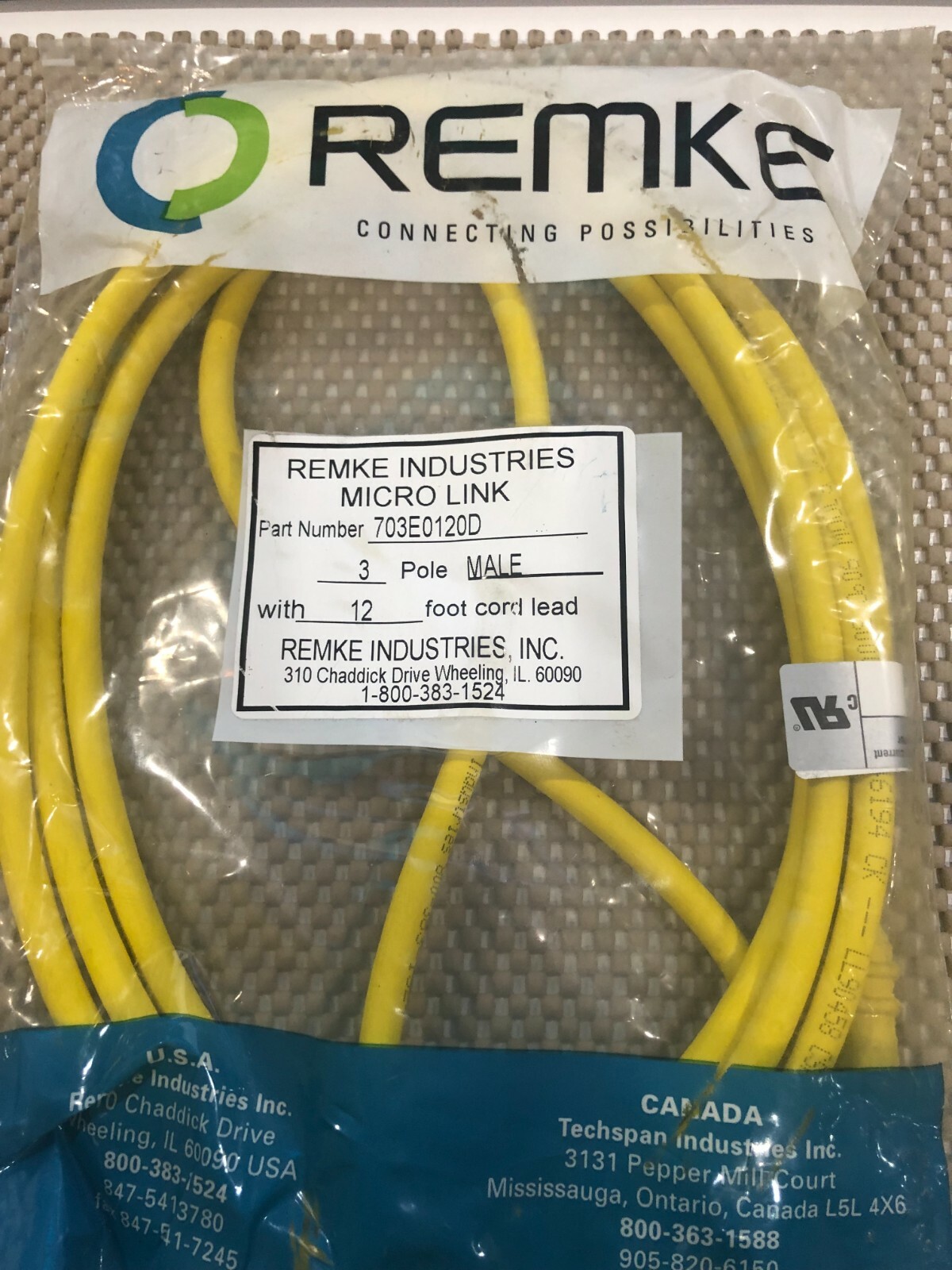 Remke 703E0120D Male 3 Pole 12ft Micro-Link Plug Assy. Cable