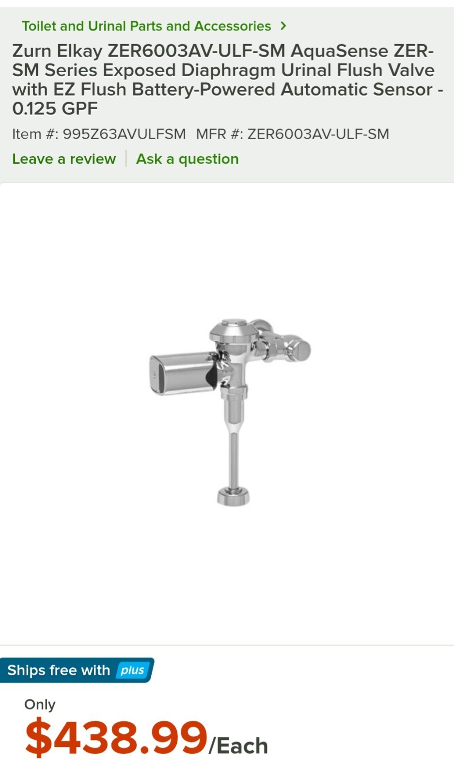 Zurn ZER6003AV-ULF-SM AquaSense 0.125 GPF Sensor Flush Valve