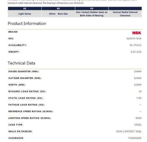 1PC NSK 6205VV Deep Groove Ball Bearings 25 x 52 x 15mm