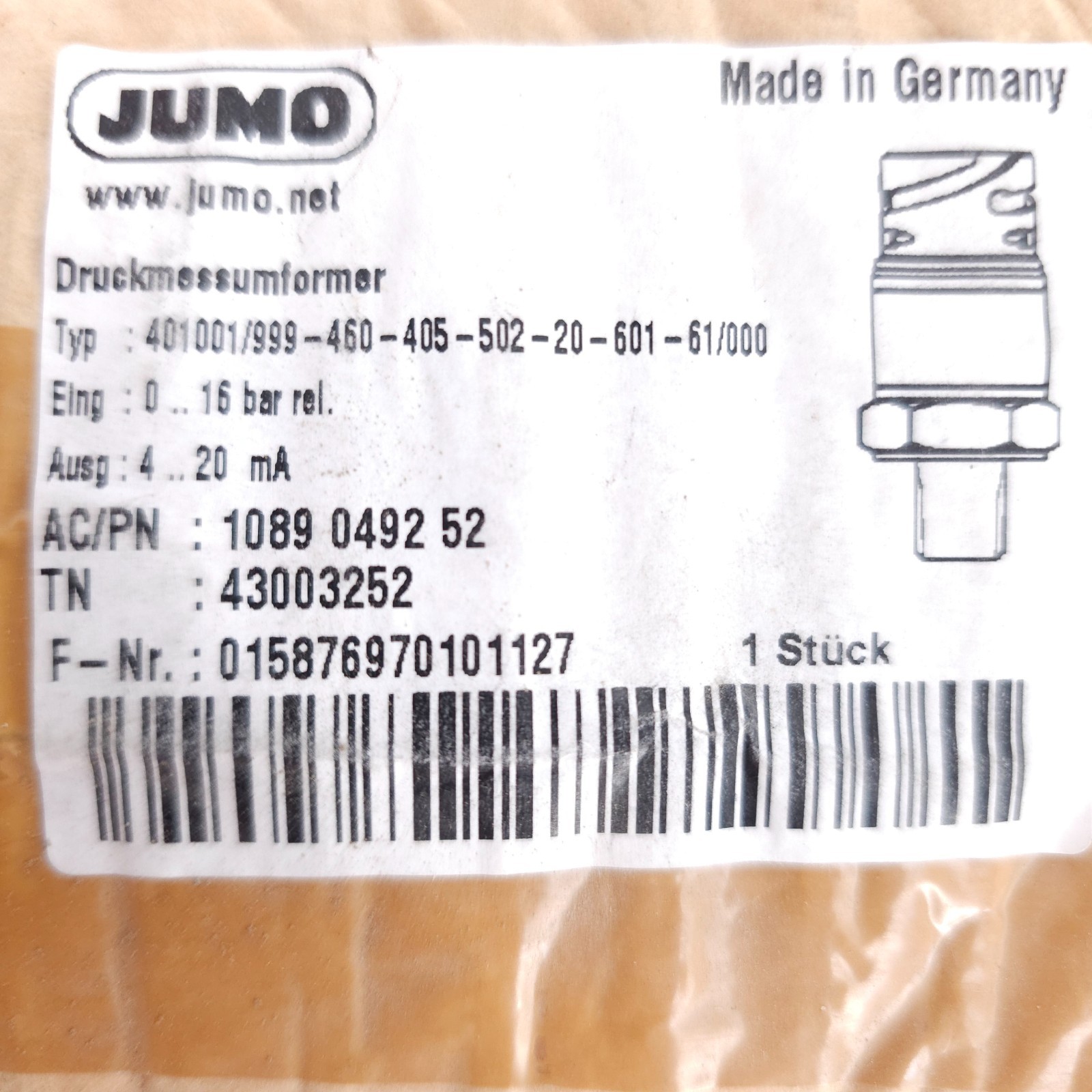 Jumo 401001/999 0 – 16 Bar Pressure Transducer 4-20ma Atlas Copco 108-90492-52