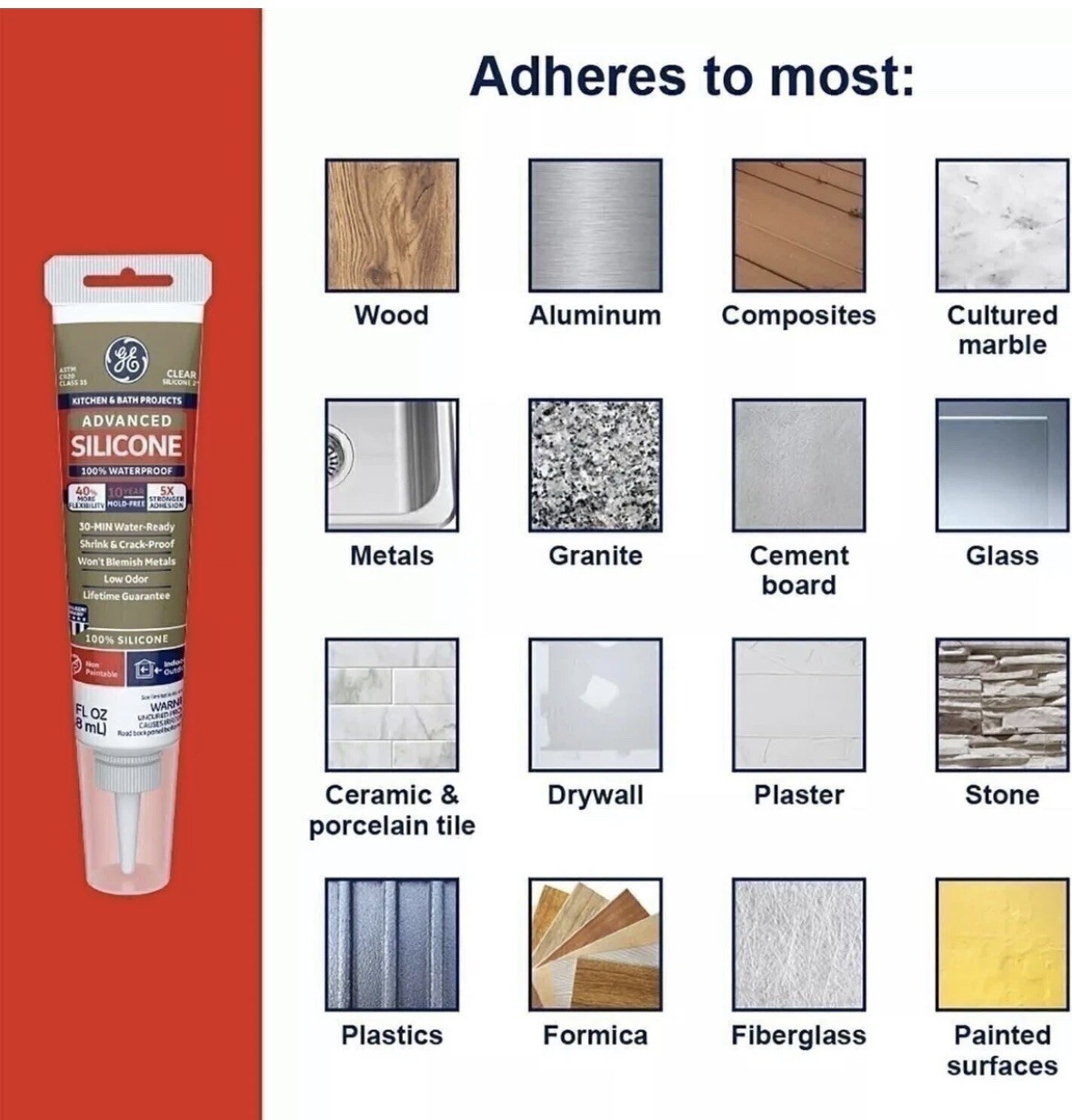 GE Advanced Silicone Caulk for Kitchen & Bathroom – 100% Waterproof Silicone…