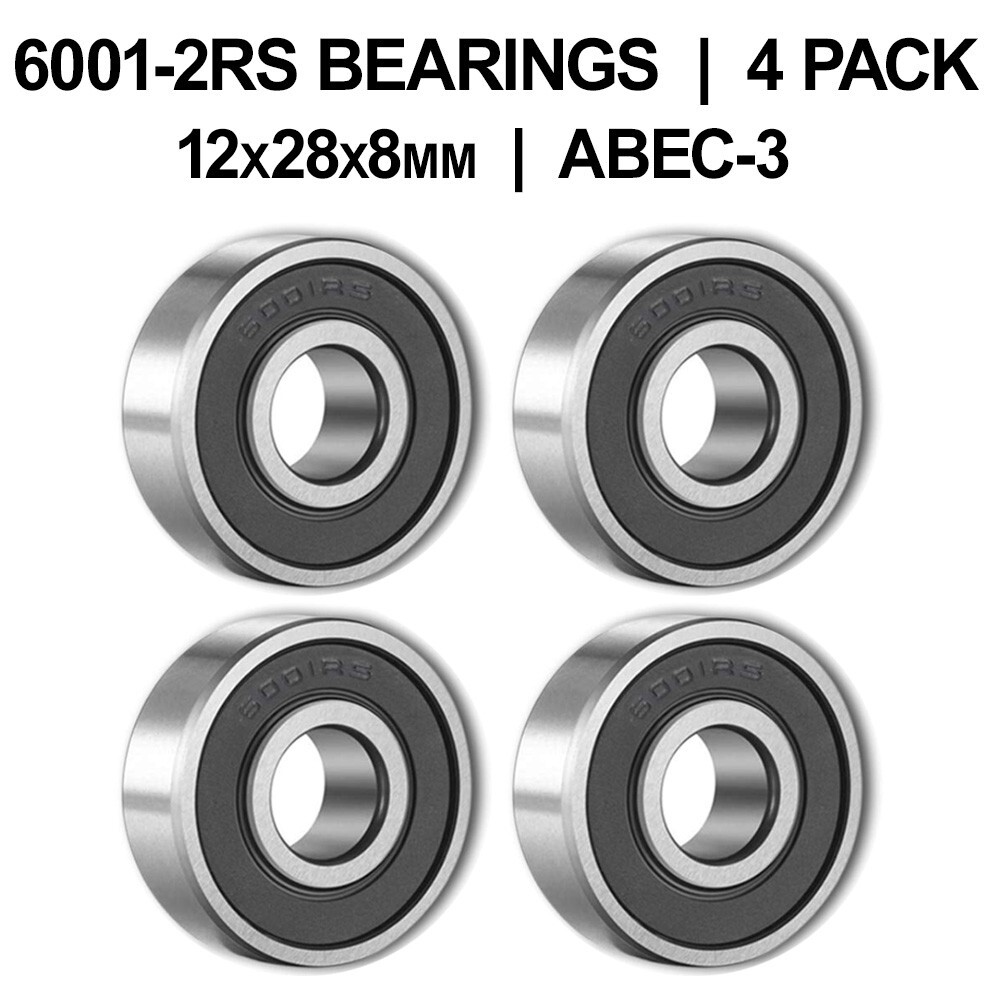 6001-2RS Sealed Ball Bearings (12x28x8mm) – 4 pack – Chrome Steel – ABEC-3