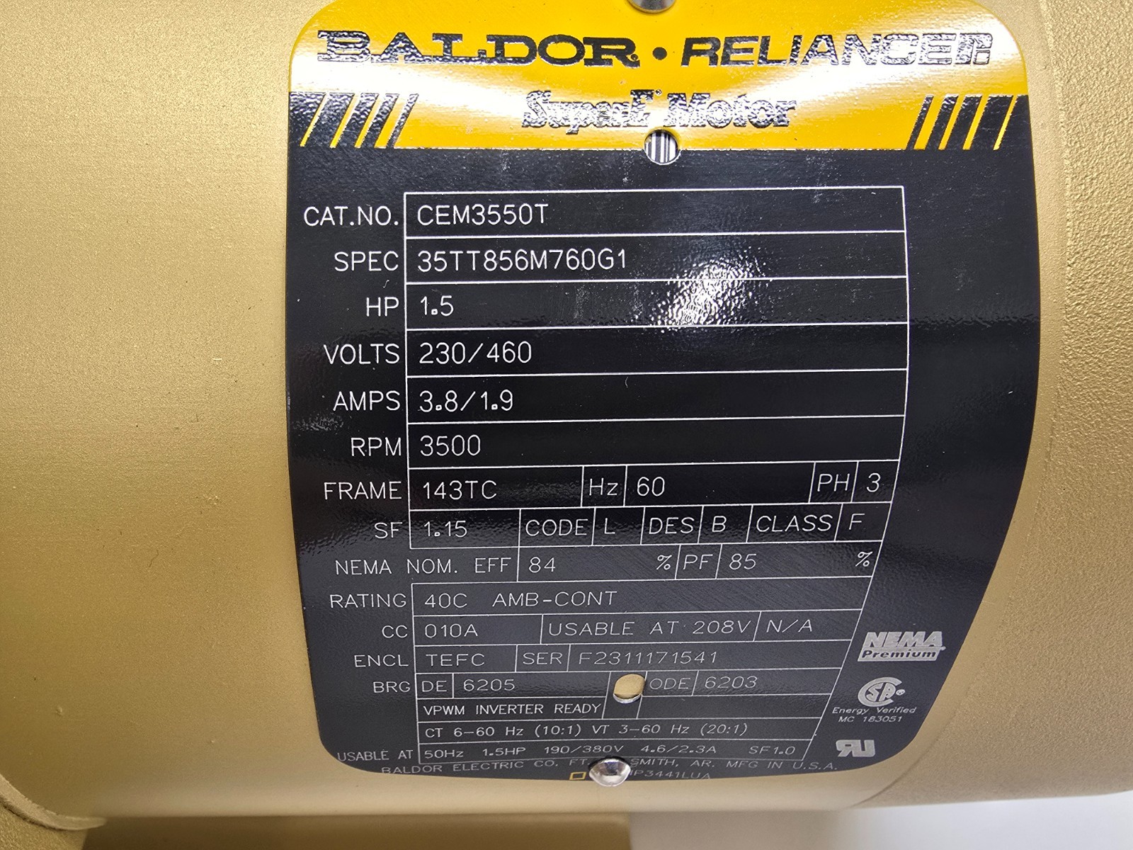 NEW OLD STOCK! BALDOR 1.5HP 3500RPM 230/460V SUPER-E MOTOR CEM3550T