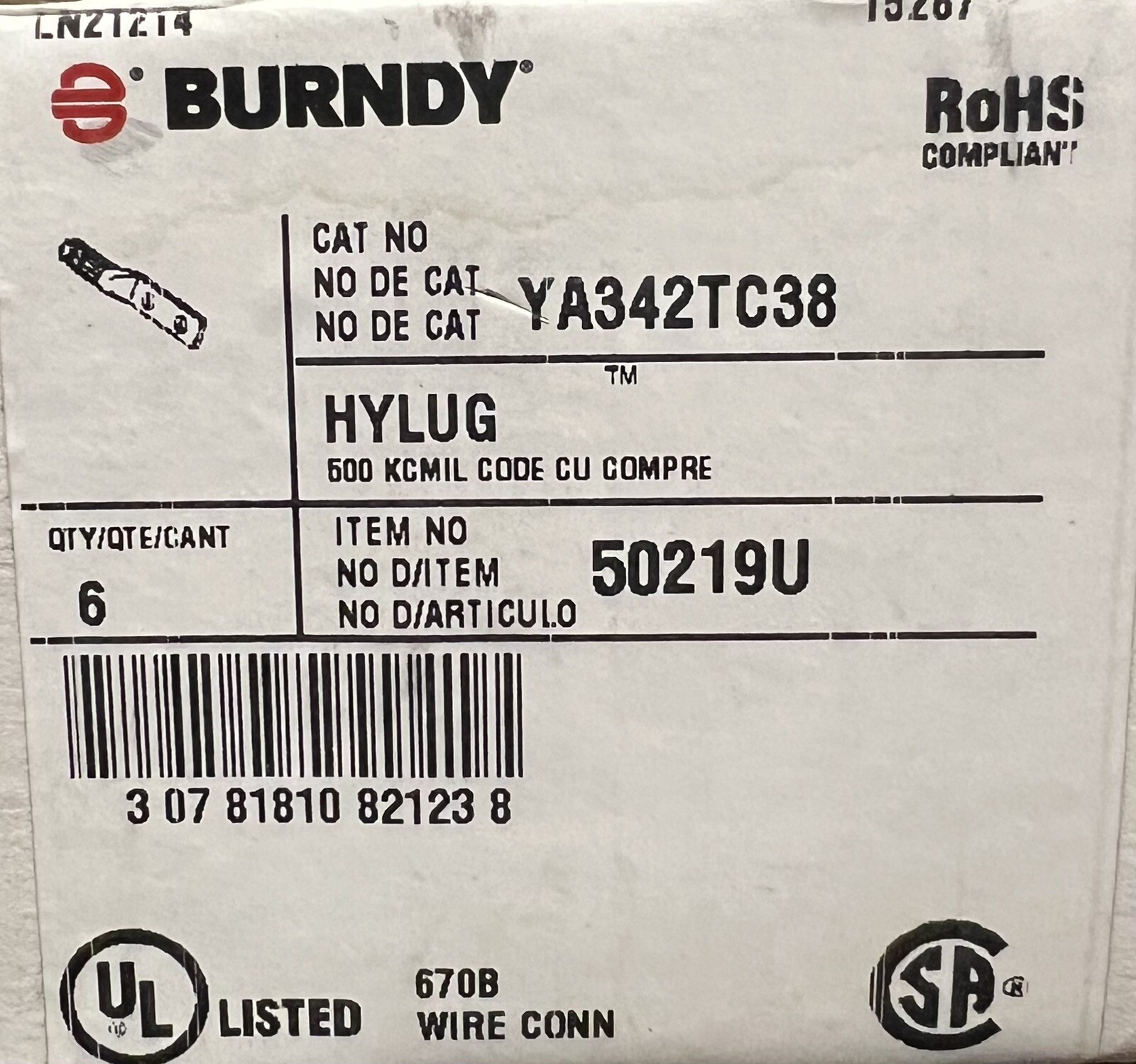 Burndy Box Of 6 YA342TC38 Two-Hole Lug Compression Connectors