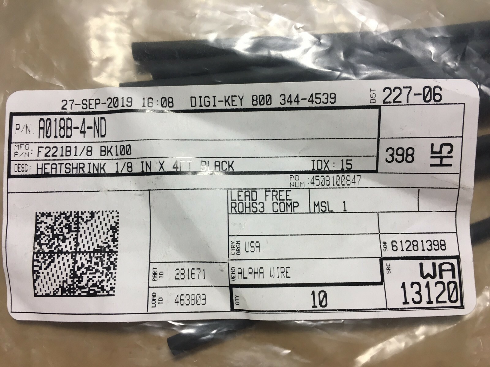 Alpha Wire F221B1/8 BK100 Qty of 10 per Lot HEATSHRINK 1/8 IN X 4FT BLACK 