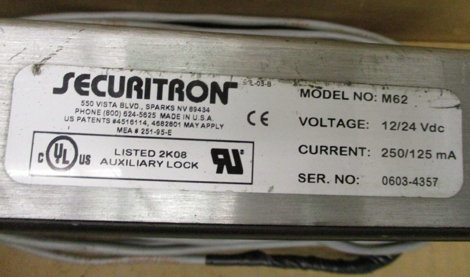 Securitron M62 12/24 VDC Magnalock Door Access 2K08 Auxiliary Lock A5783LR